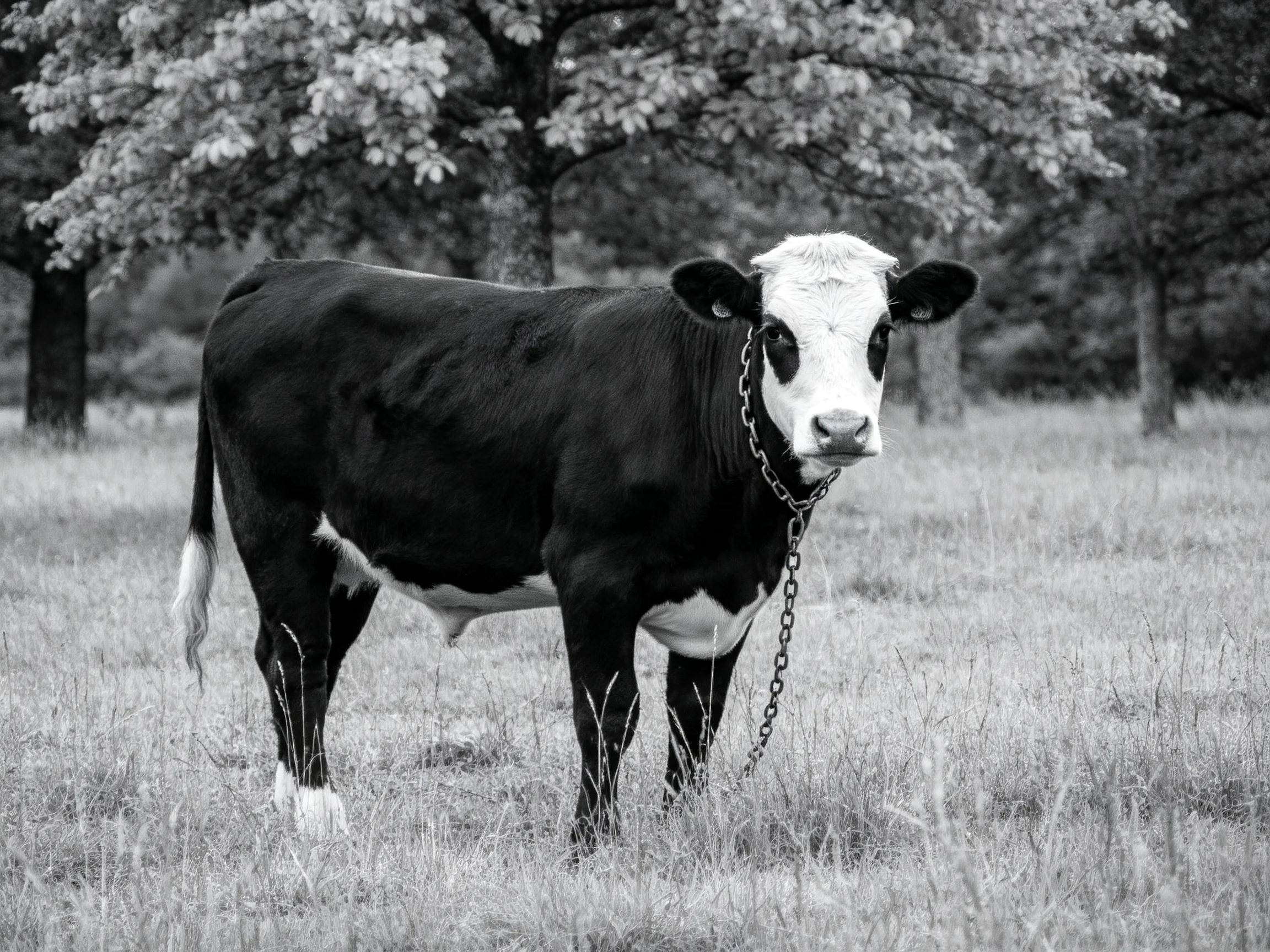 A black and white cow in a grassy field near leafy trees