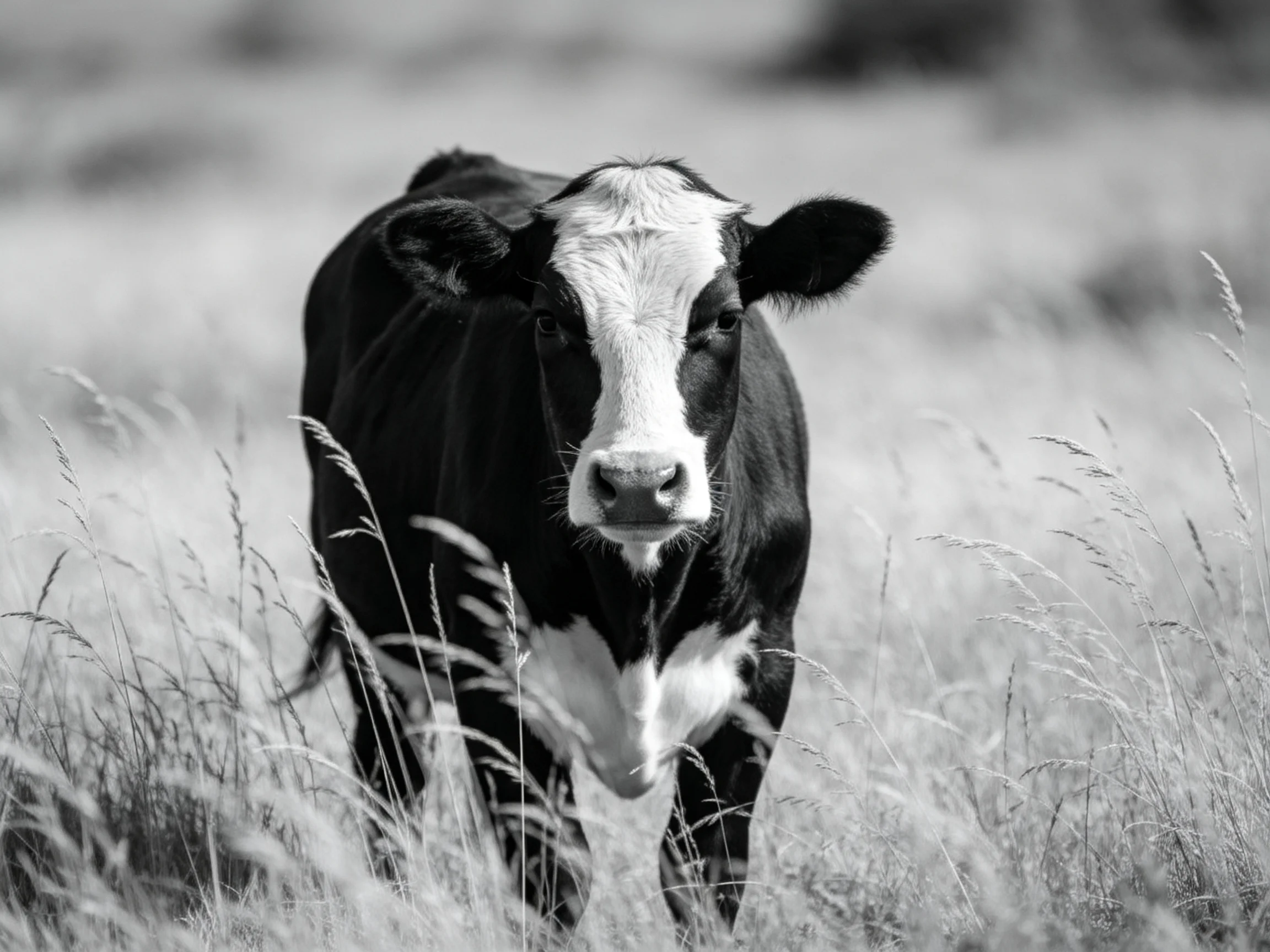 A black and white cow in a grassy field with tall vegetation