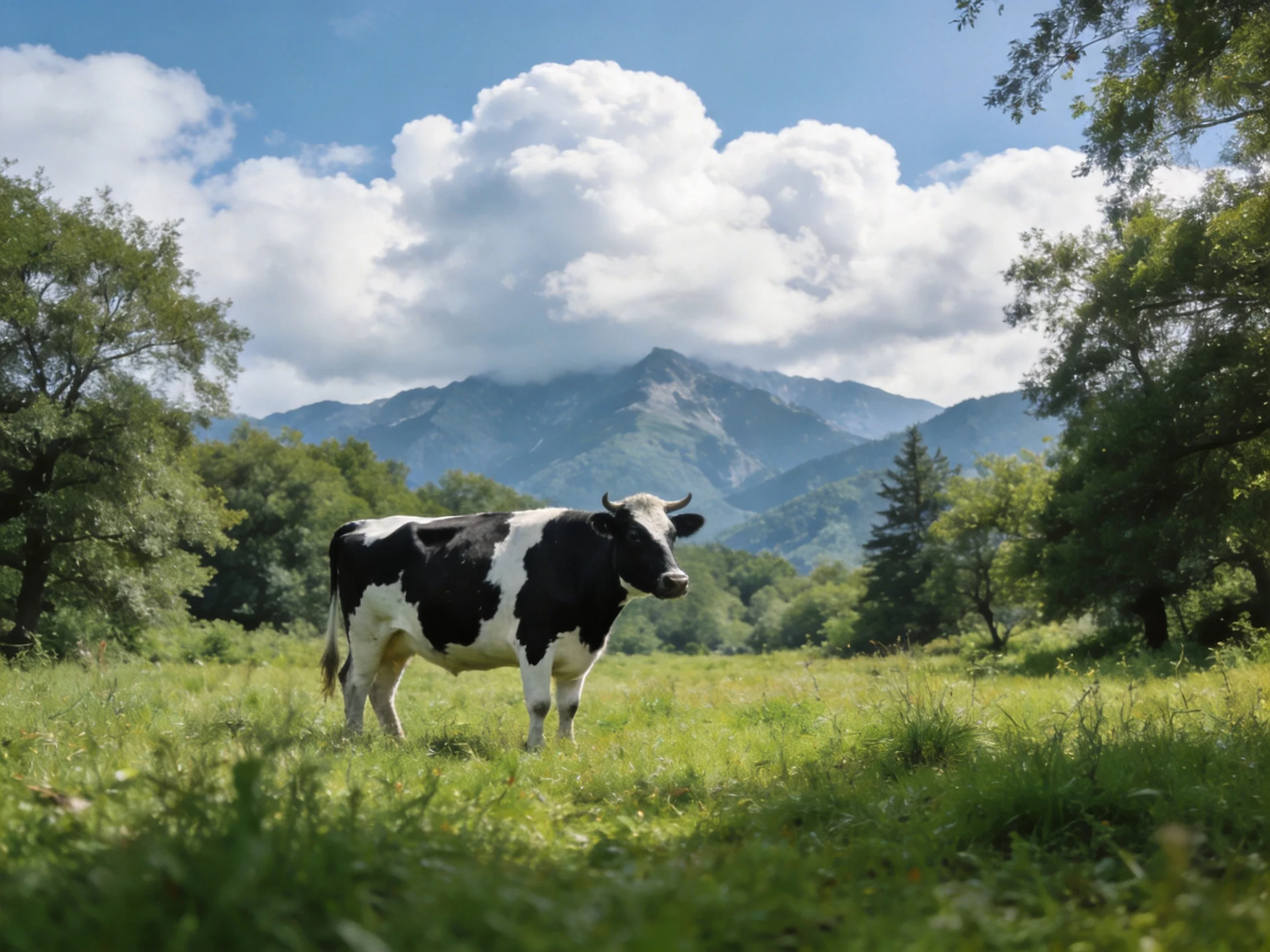 A black-and-white cow in a lush green meadow near forested mountains