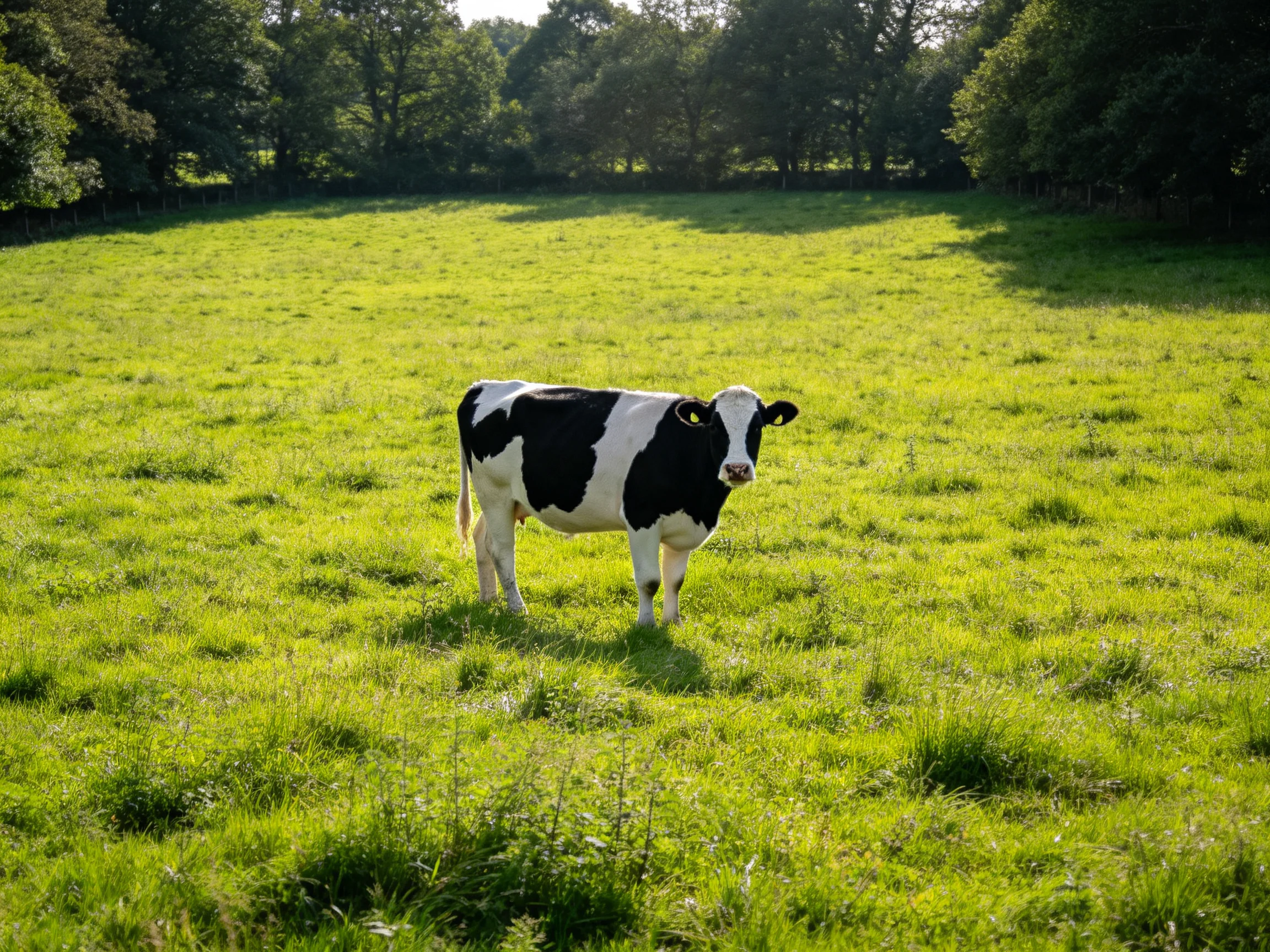 A black and white cow in a lush green meadow with distant trees