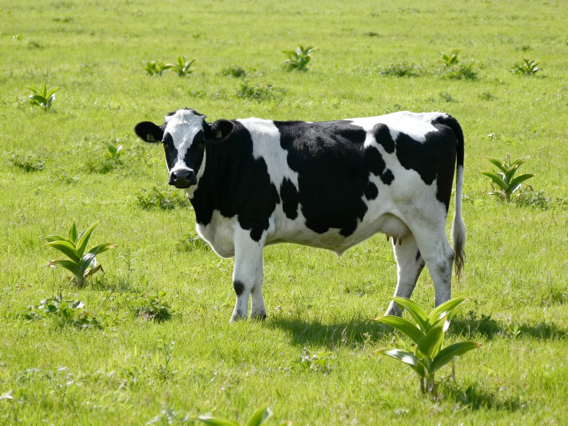 A black and white cow stands in a sunlit pasture.