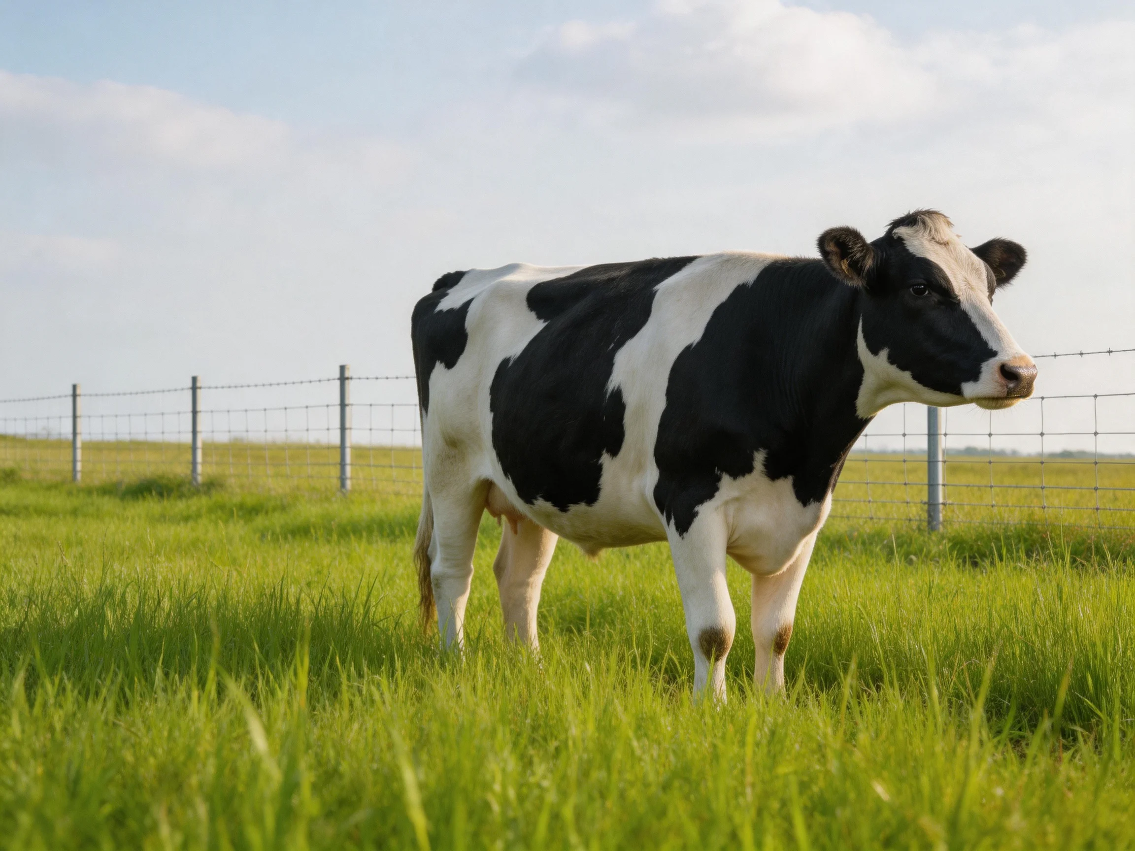 A black and white cow in a lush green pasture near a wire fence
