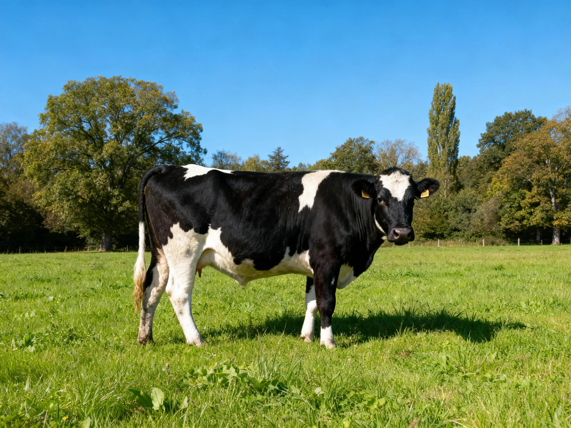A black and white cow stands in a sunlit green pasture.