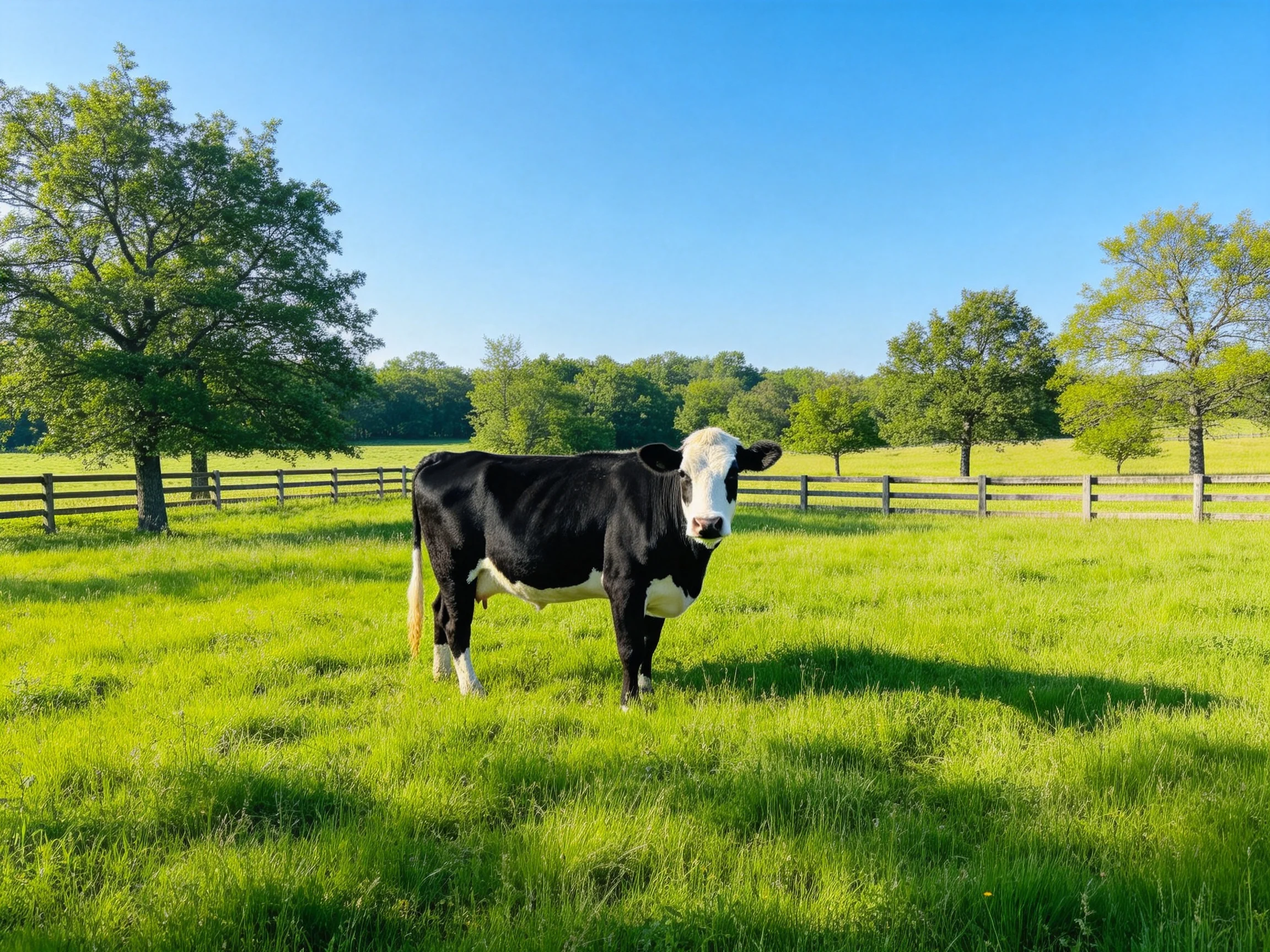 A black and white cow stands in a sunlit green pasture near wooden fences.