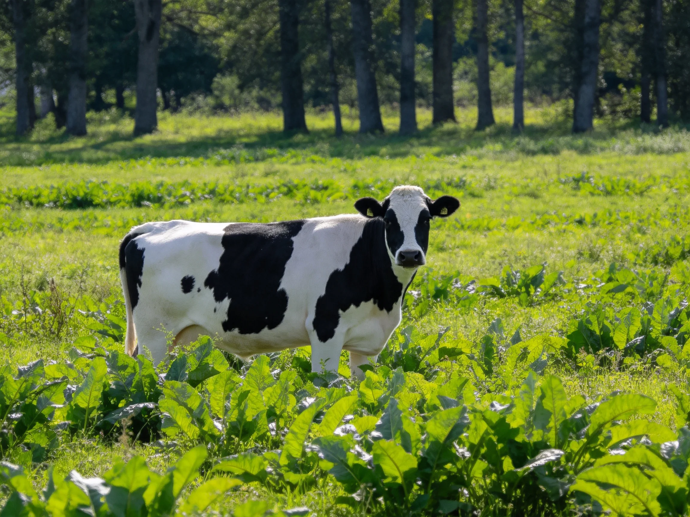 A black and white cow in a sun-dappled green meadow with distant trees