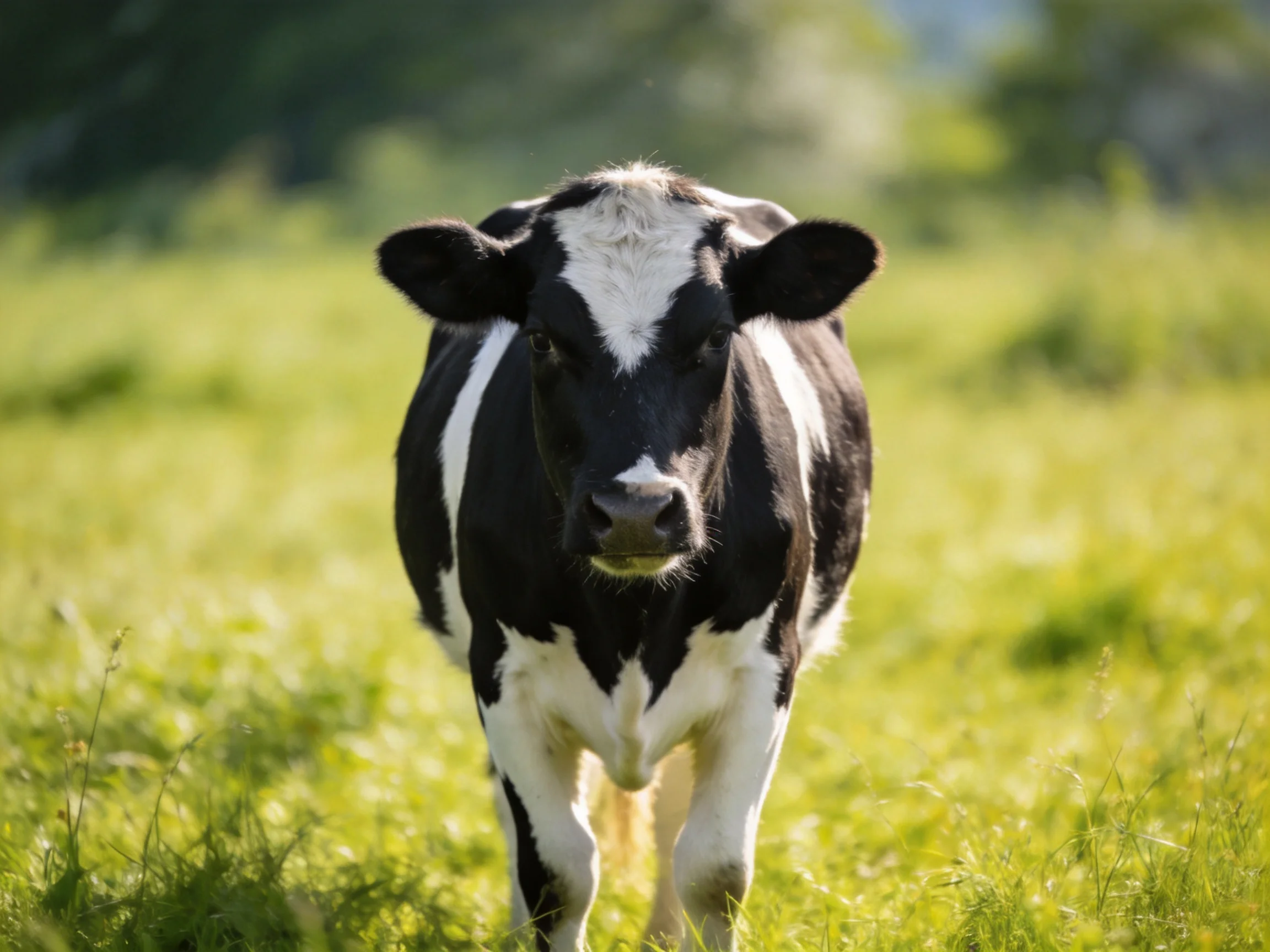 A black and white cow in a sun-drenched green pasture