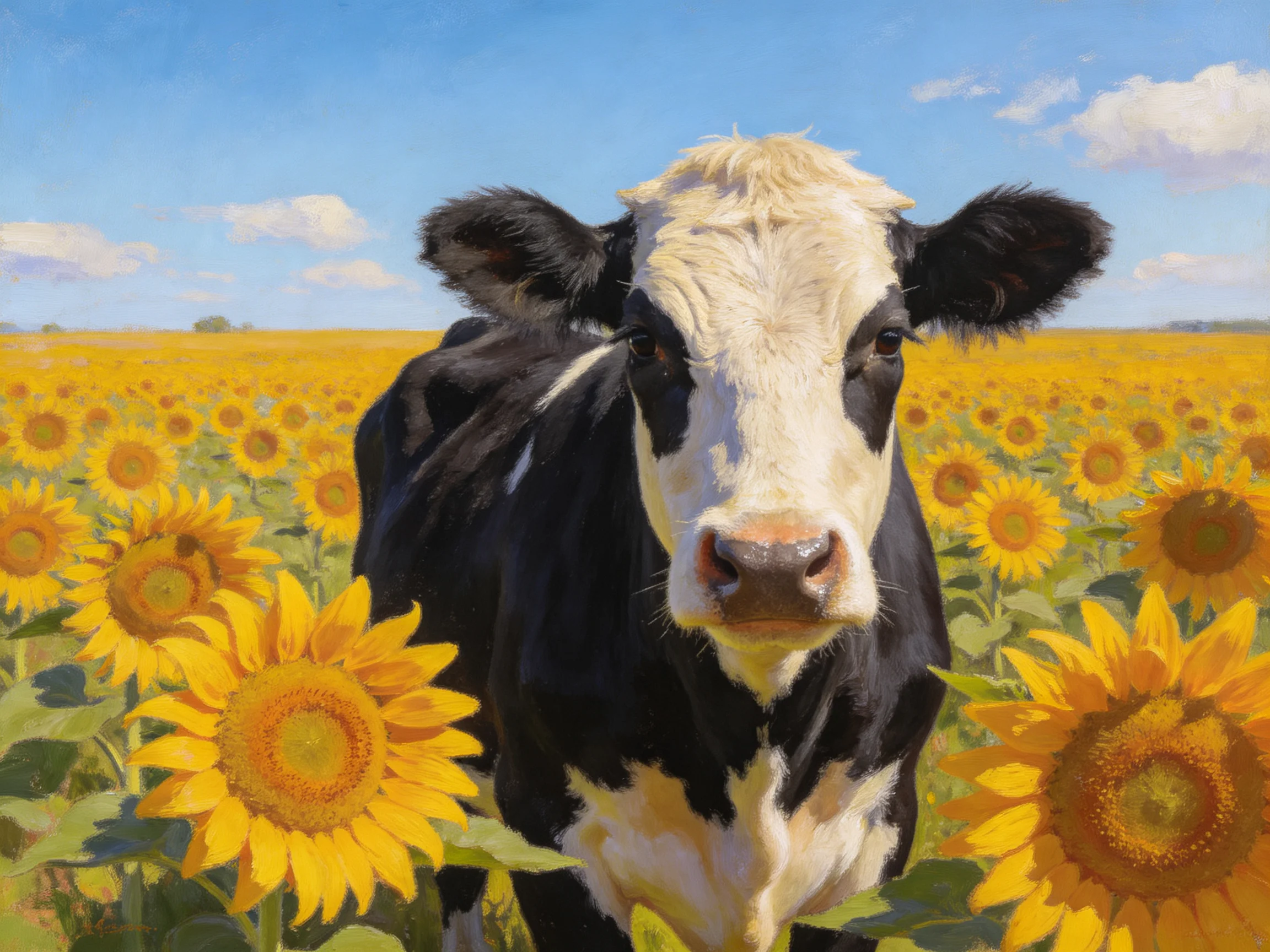 A black-and-white cow is among sunflowers in a sunny field.