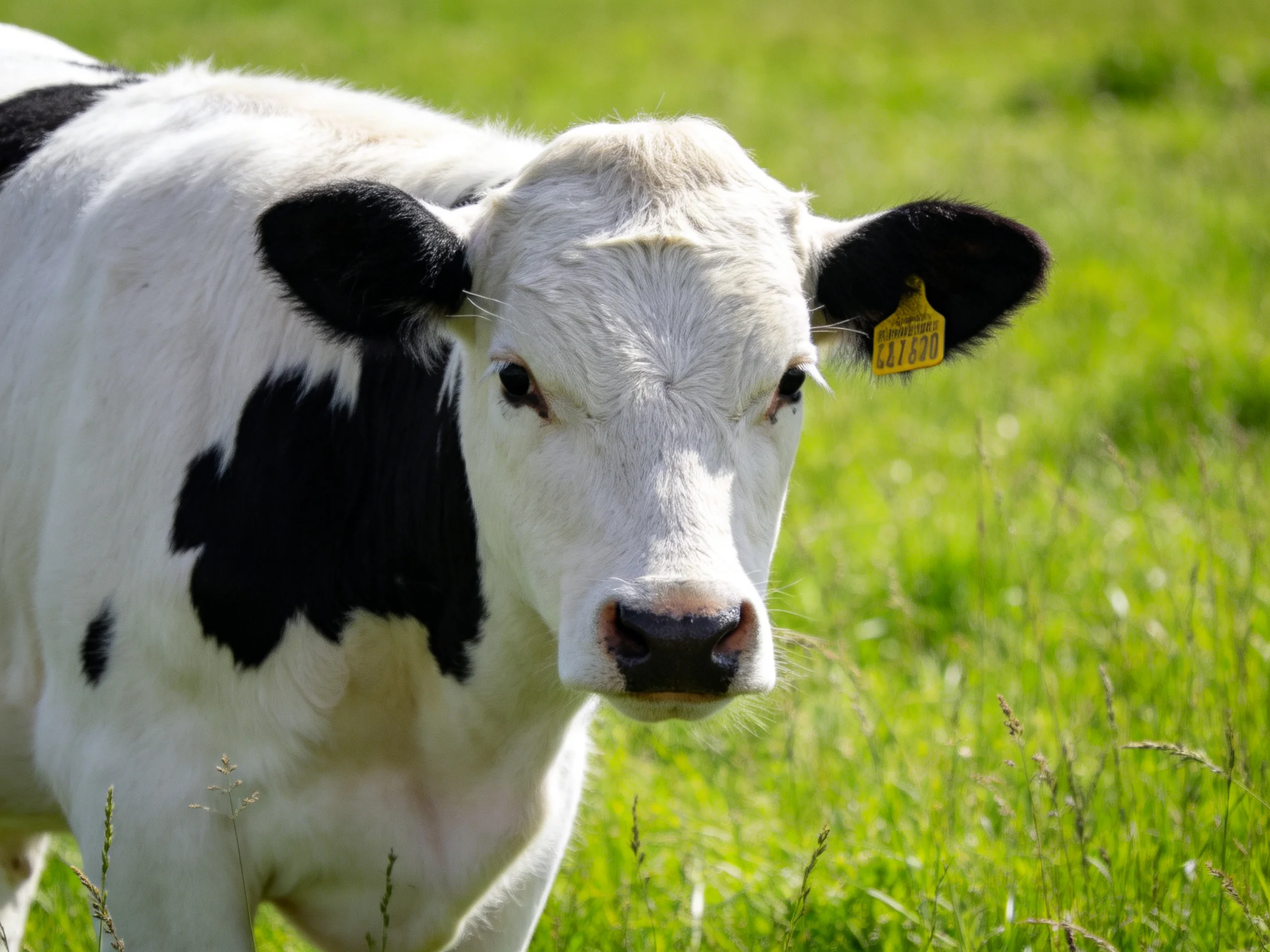 A black and white cow looks at the camera in a green field.