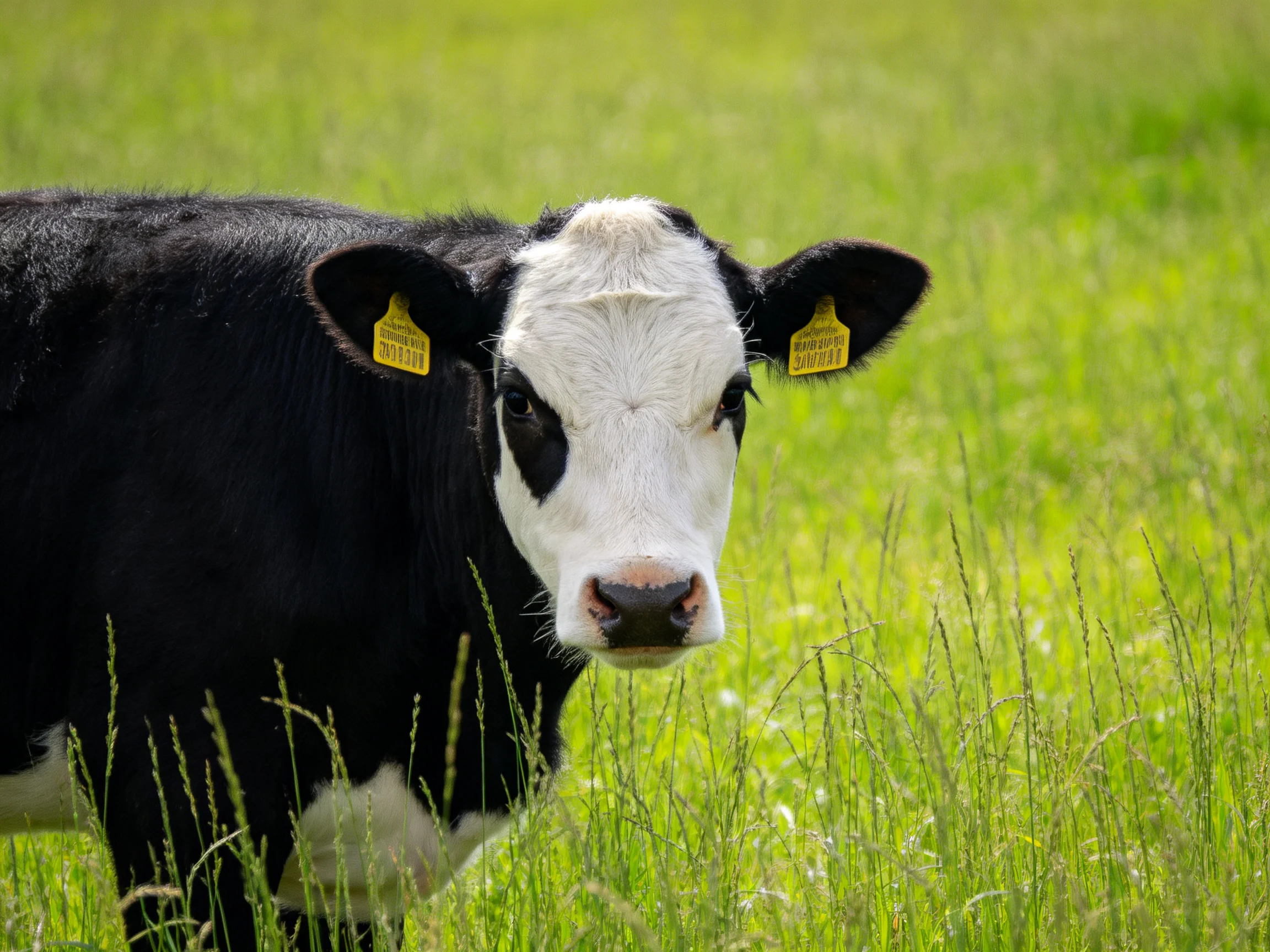A black and white cow looks toward the viewer in a sunlit green pasture.