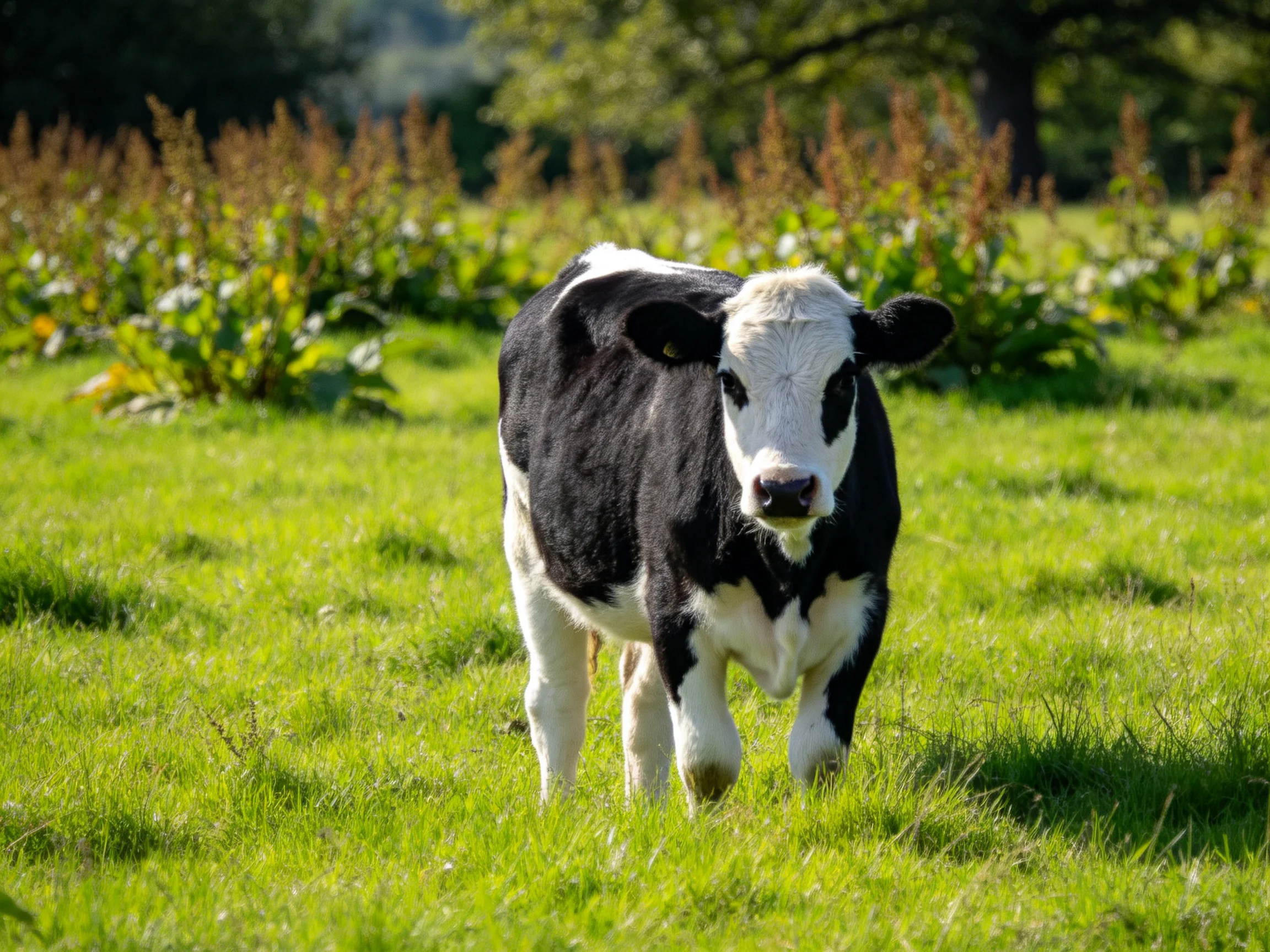A black and white cow in a sunlit green pasture with tall vegetation