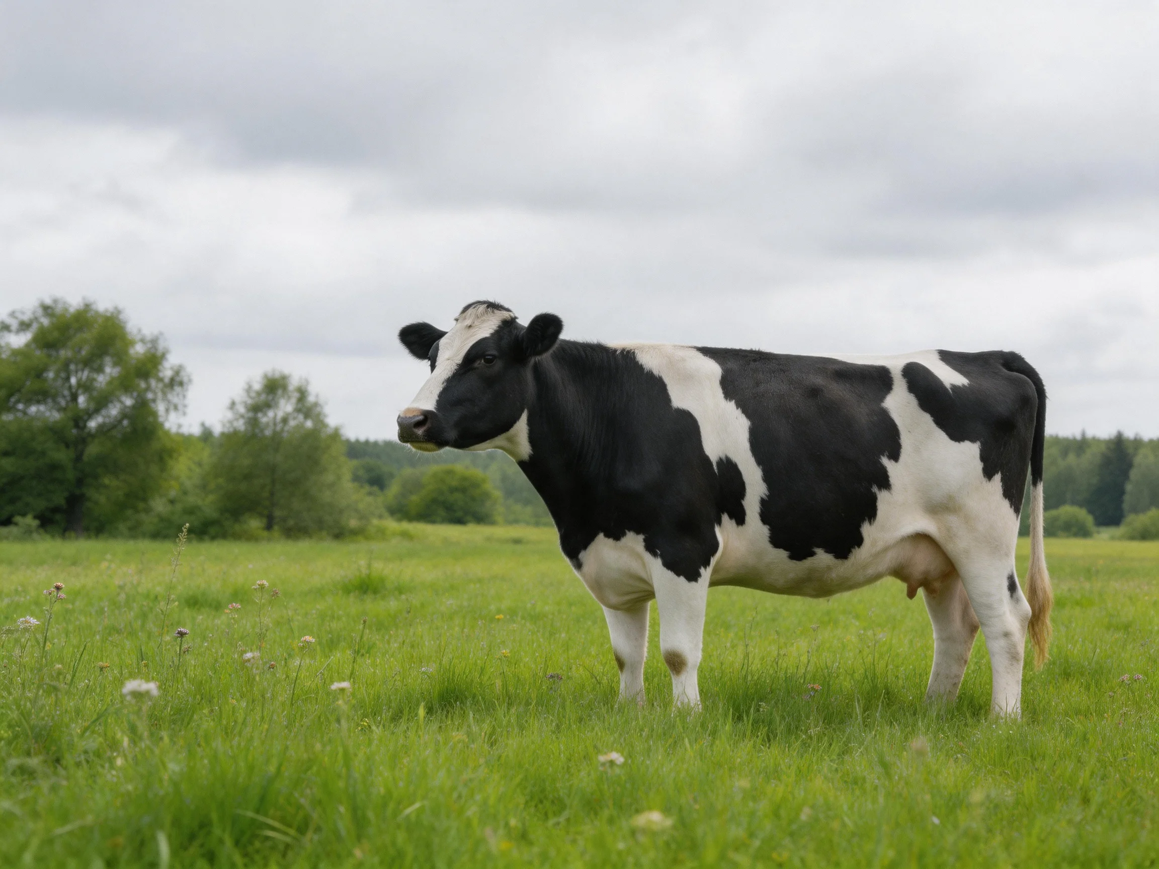A black and white cow in a verdant grassy field