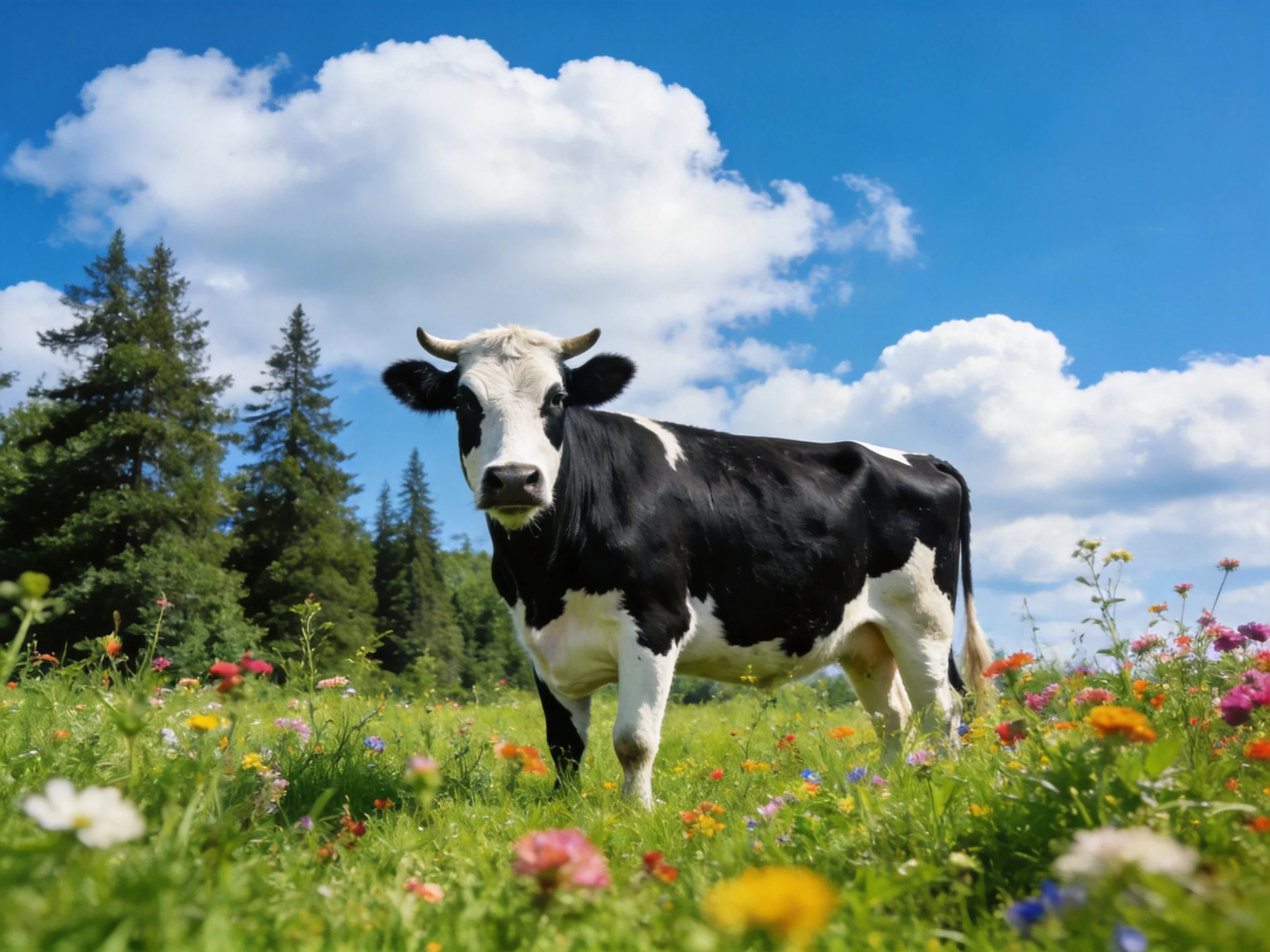 A black-and-white cow in a vibrant flower-filled meadow under sunny skies