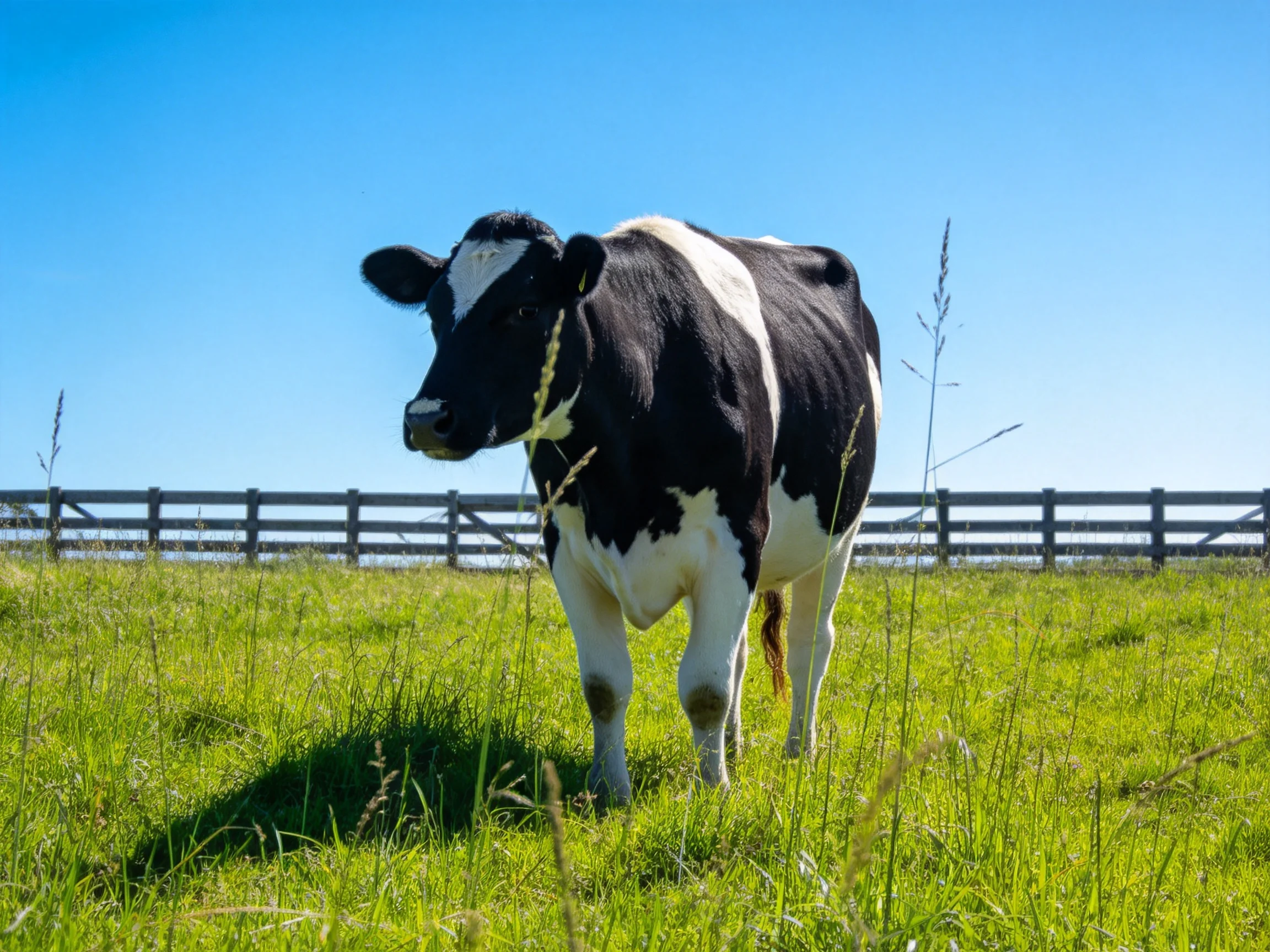 A black and white cow ina lush green pasture near a wooden fence