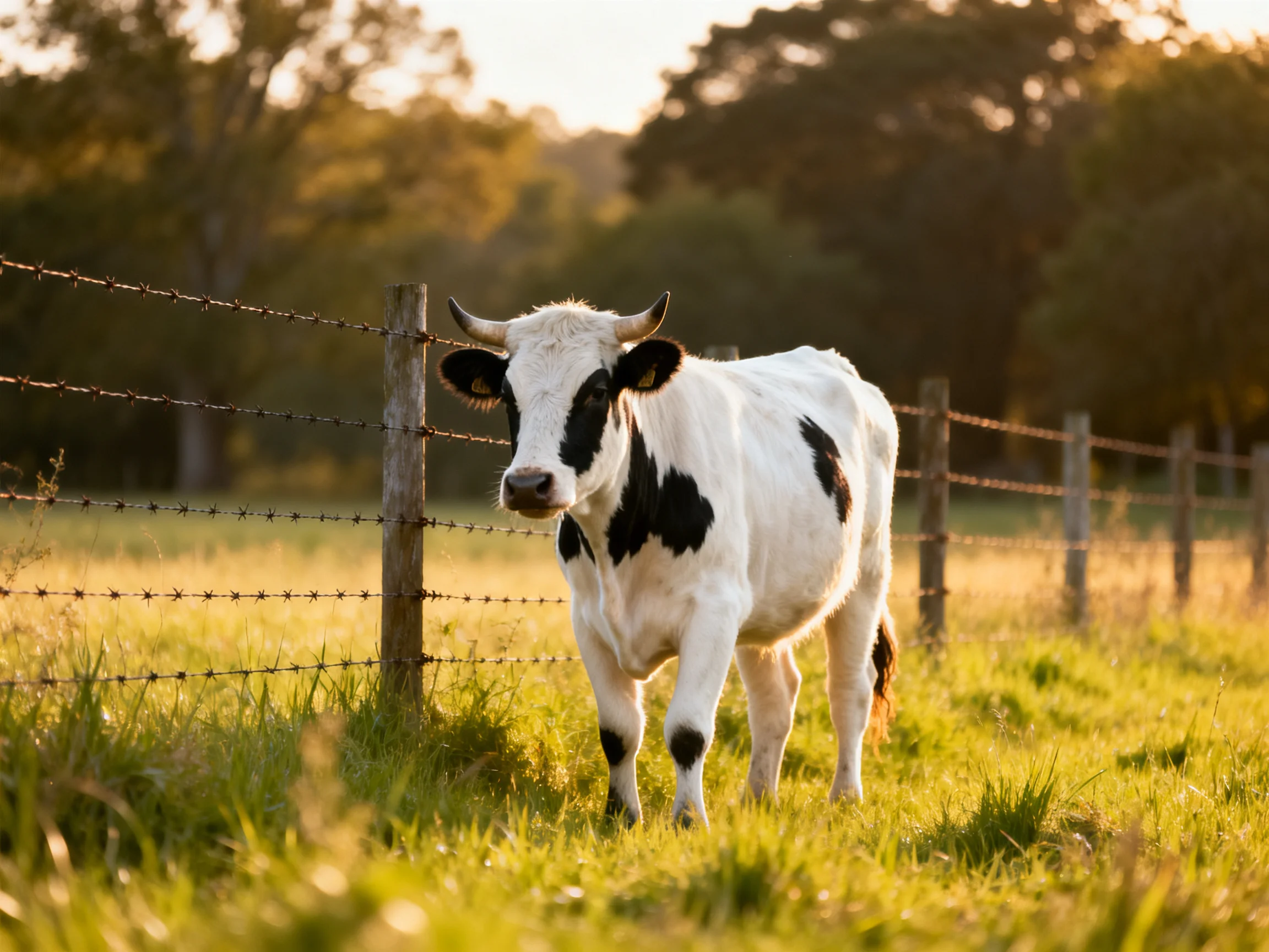 A black-and-white cow near a barbed wire fence in a golden field