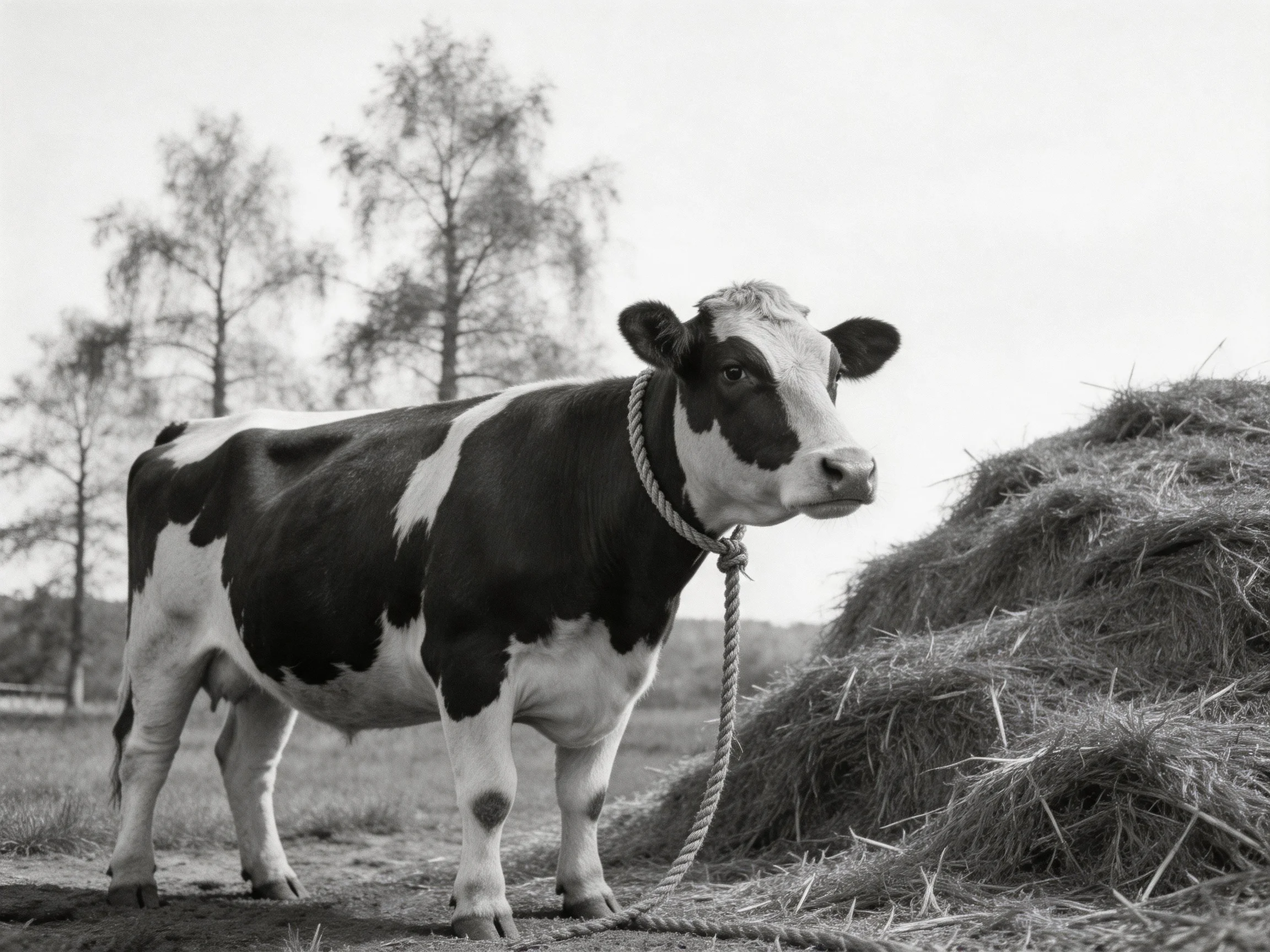 A black and white cow stands next to a large hay pile with a rope.