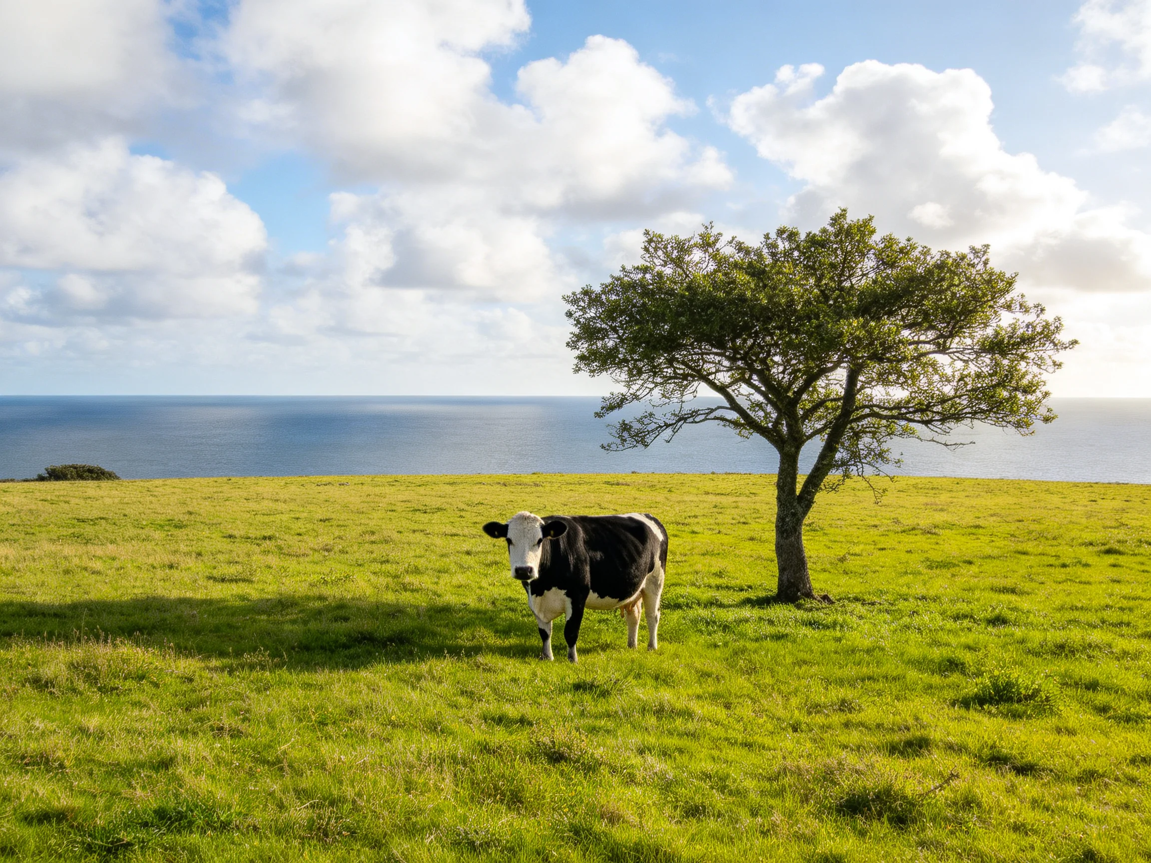 A black-and-white cow near a lone tree on a green field by the sea