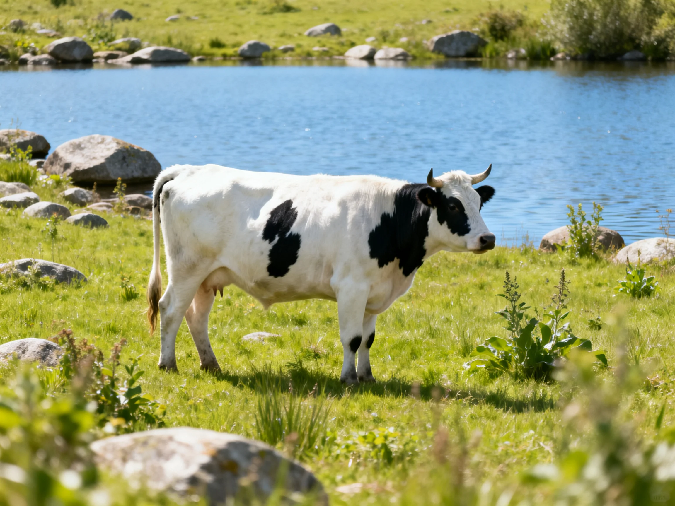 A black - and - white cow near a serene blue pond with rocky terrain and green meadow