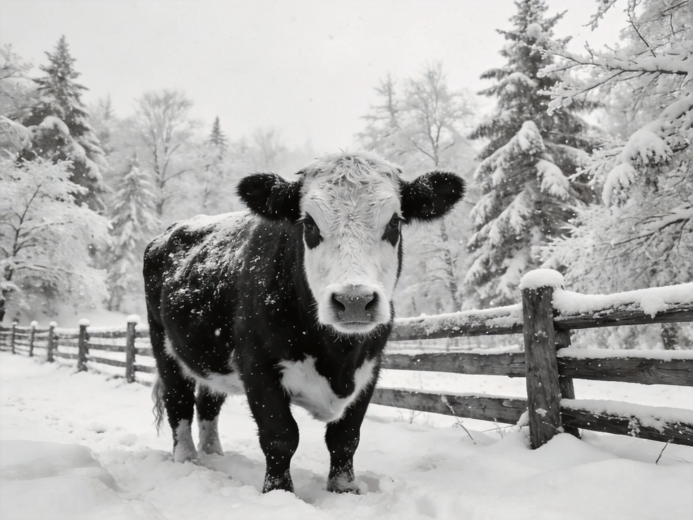 A black and white cow near a snow-covered wooden fence in winter