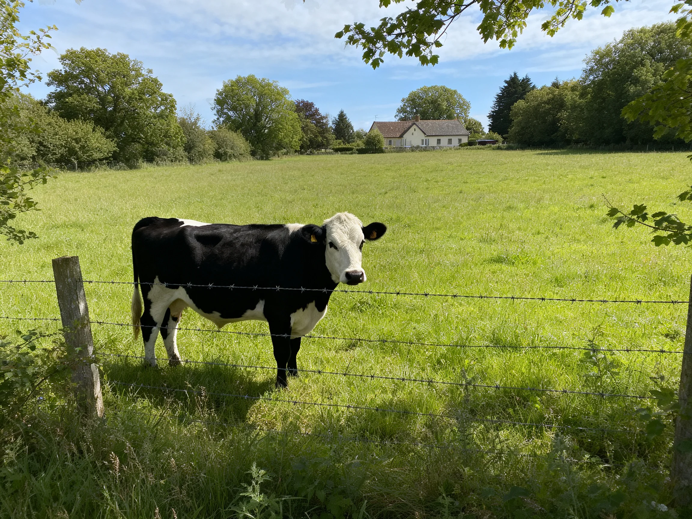 A black - and - white cow near barbed wire fence in a sunlit green pasture