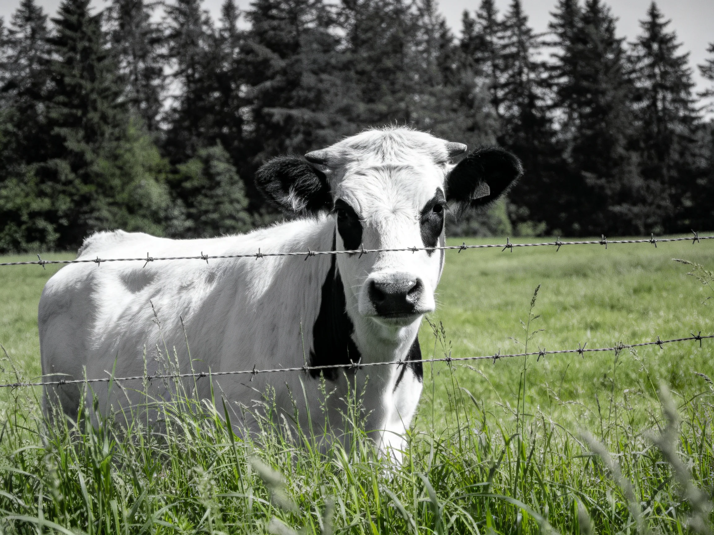A black-and-white cow near barbed wire fence in lush green pasture