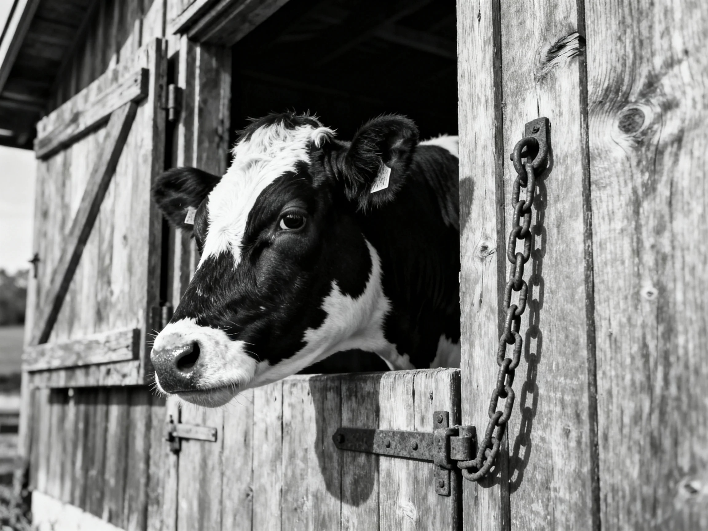 A black and white cow peers out from a weathered wooden barn door