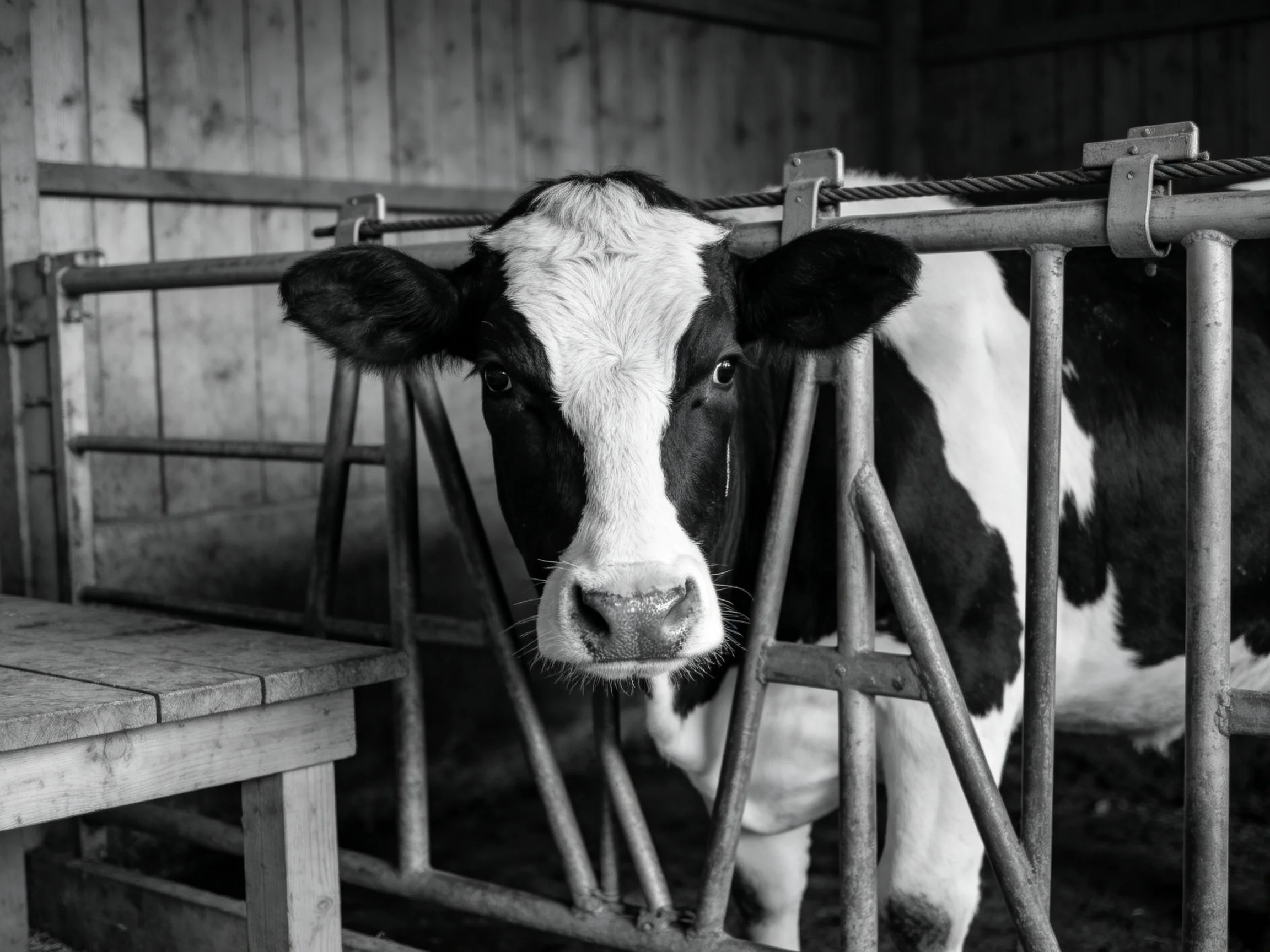 A black and white cow peers through metal bars in a barn interior
