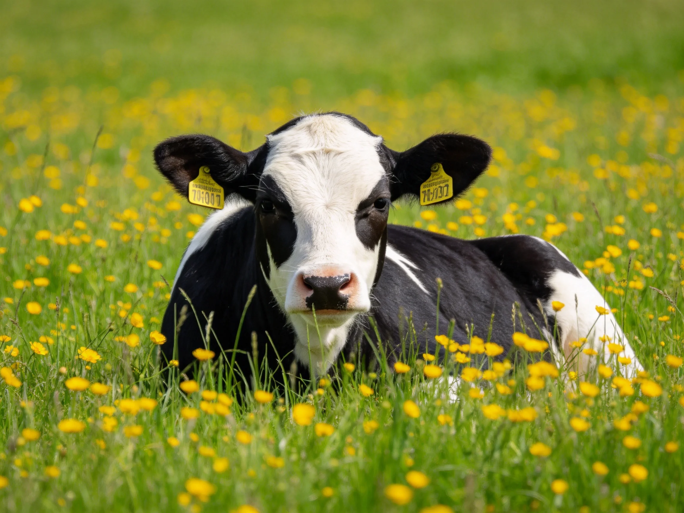 A black and white cow rests among yellow wildflowers in a green meadow.