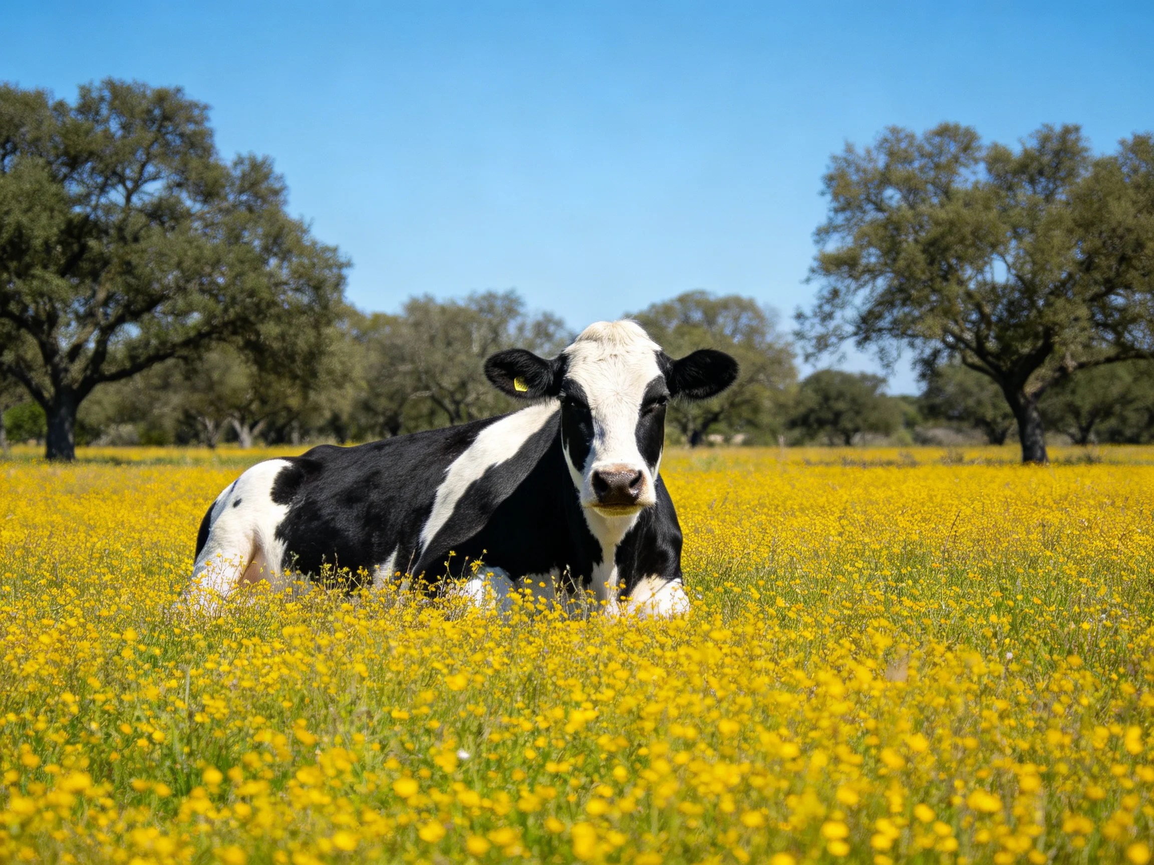 A black and white cow resting in a field of yellow wildflowers