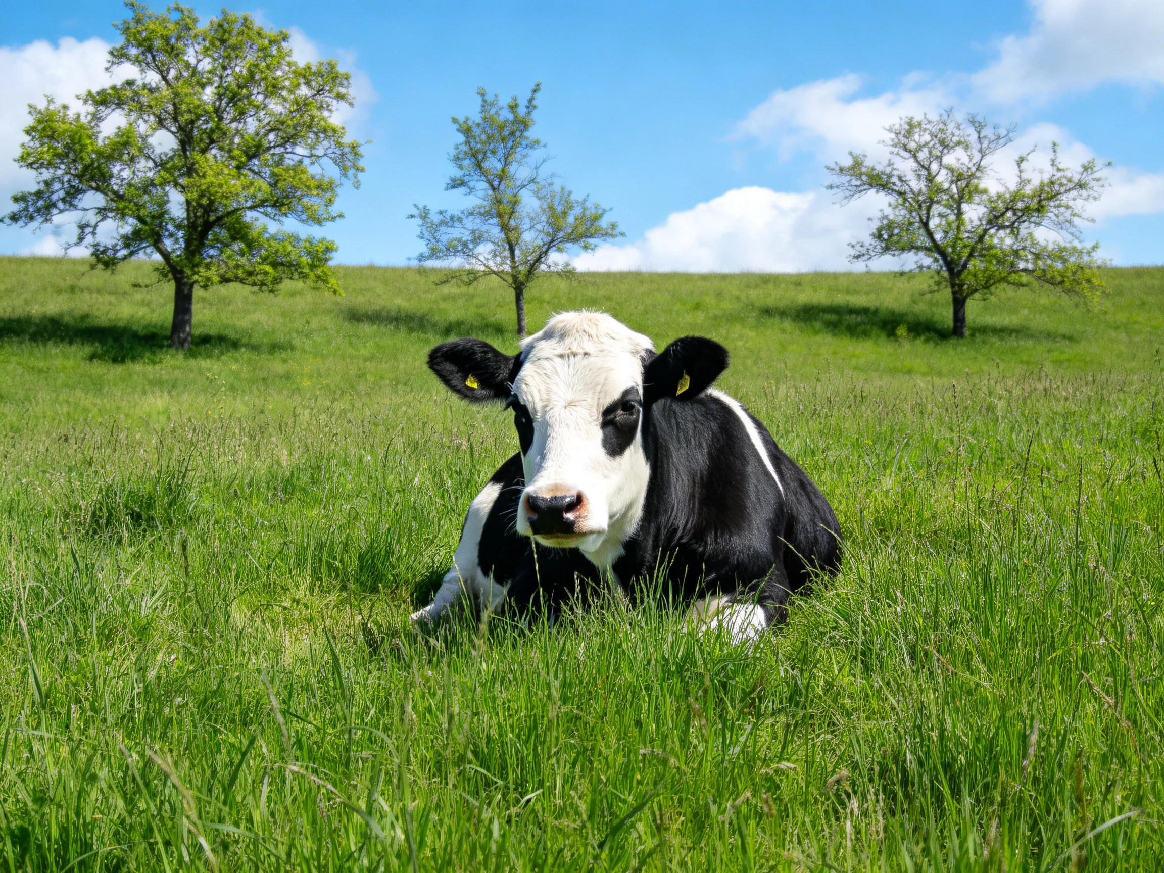 A black-and-white cow resting in a lush green meadow with three trees