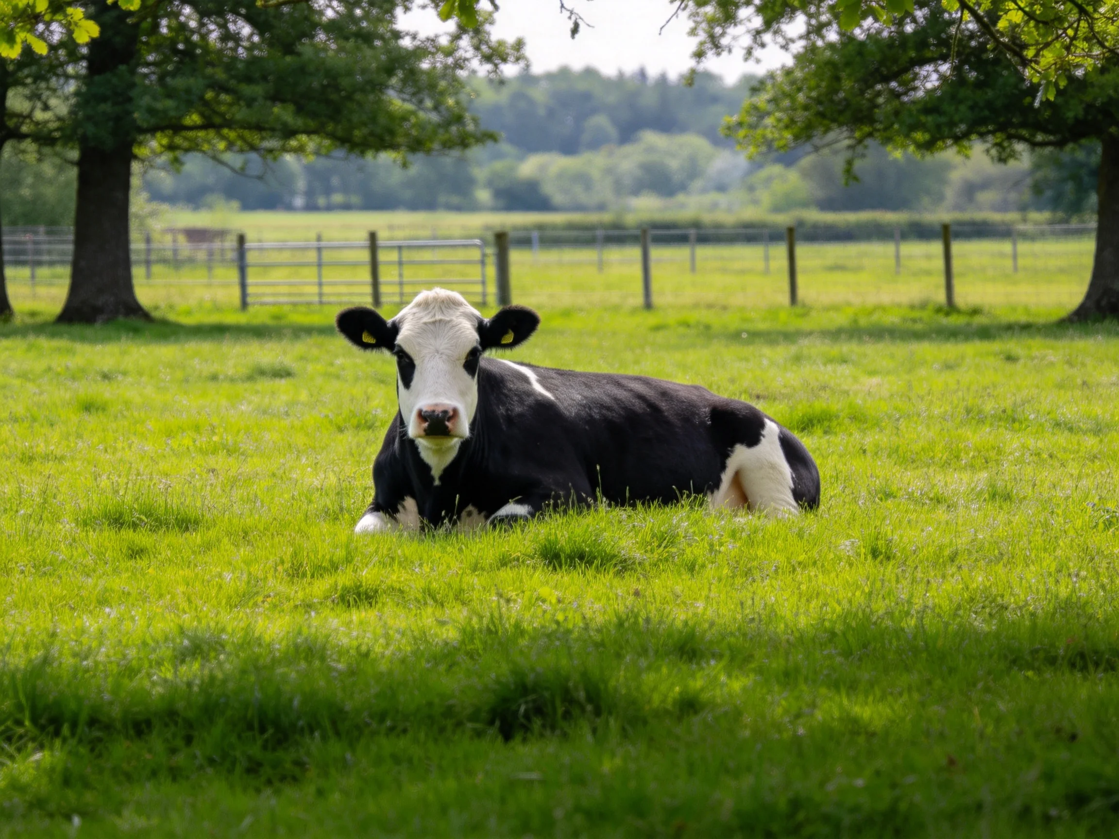 A black and white cow relaxes in a sunlit green pasture with trees nearby.