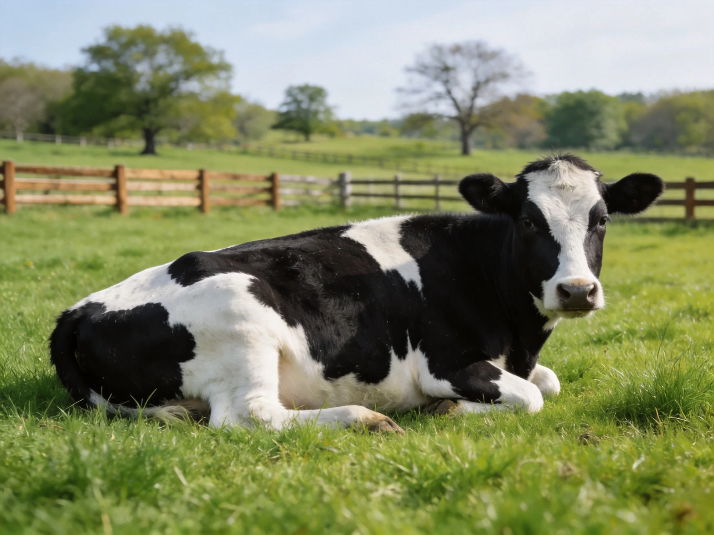A black and white cow rests in a sunlit pasture with wooden fences.
