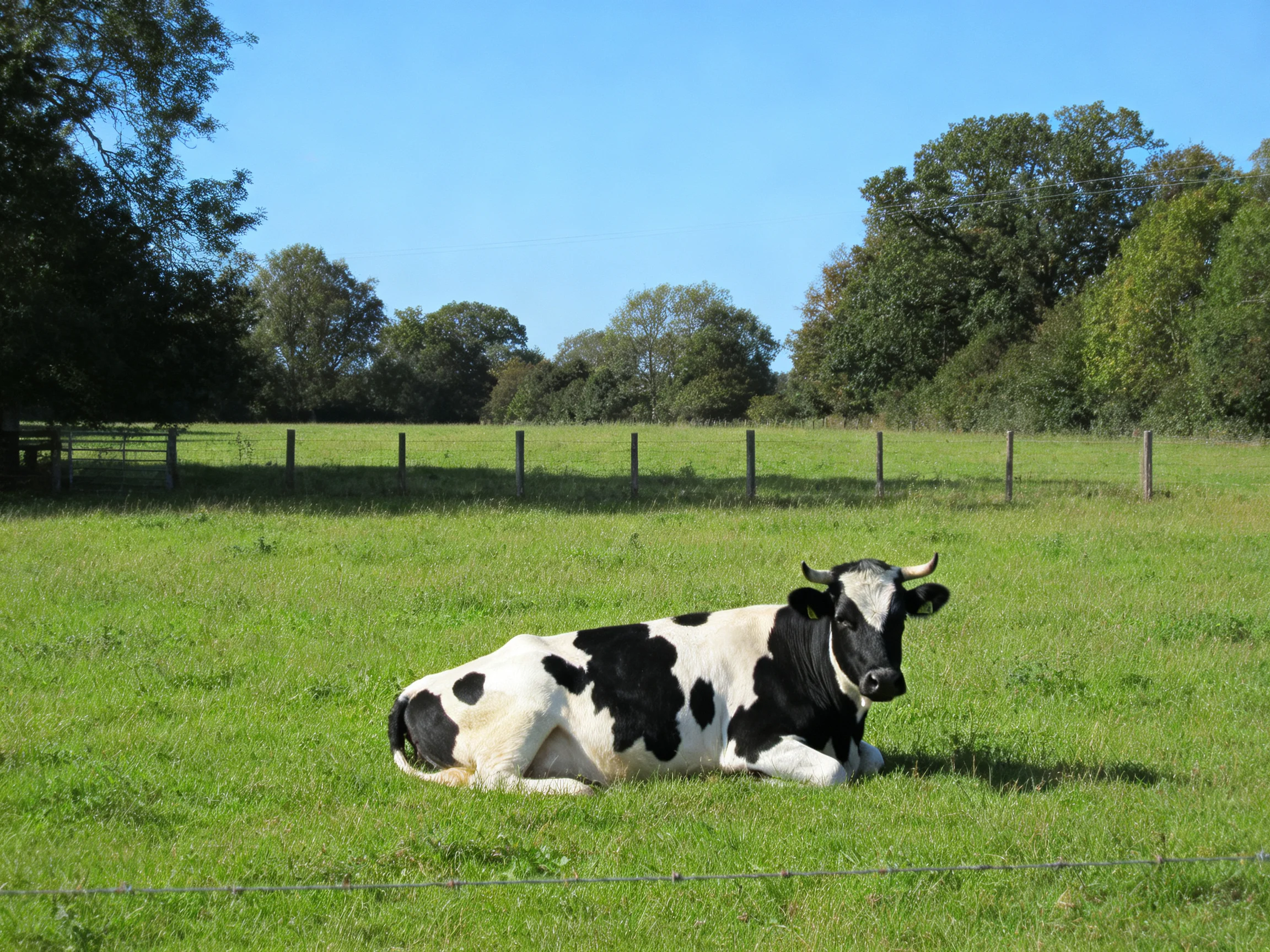 A black and white cow resting in a lush green pasture near wooden fences