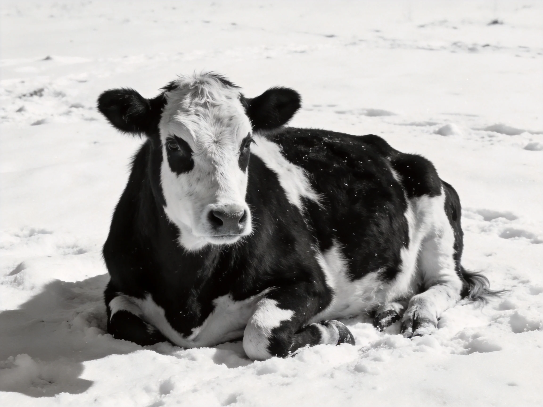 A black and white cow resting in a snowy landscape