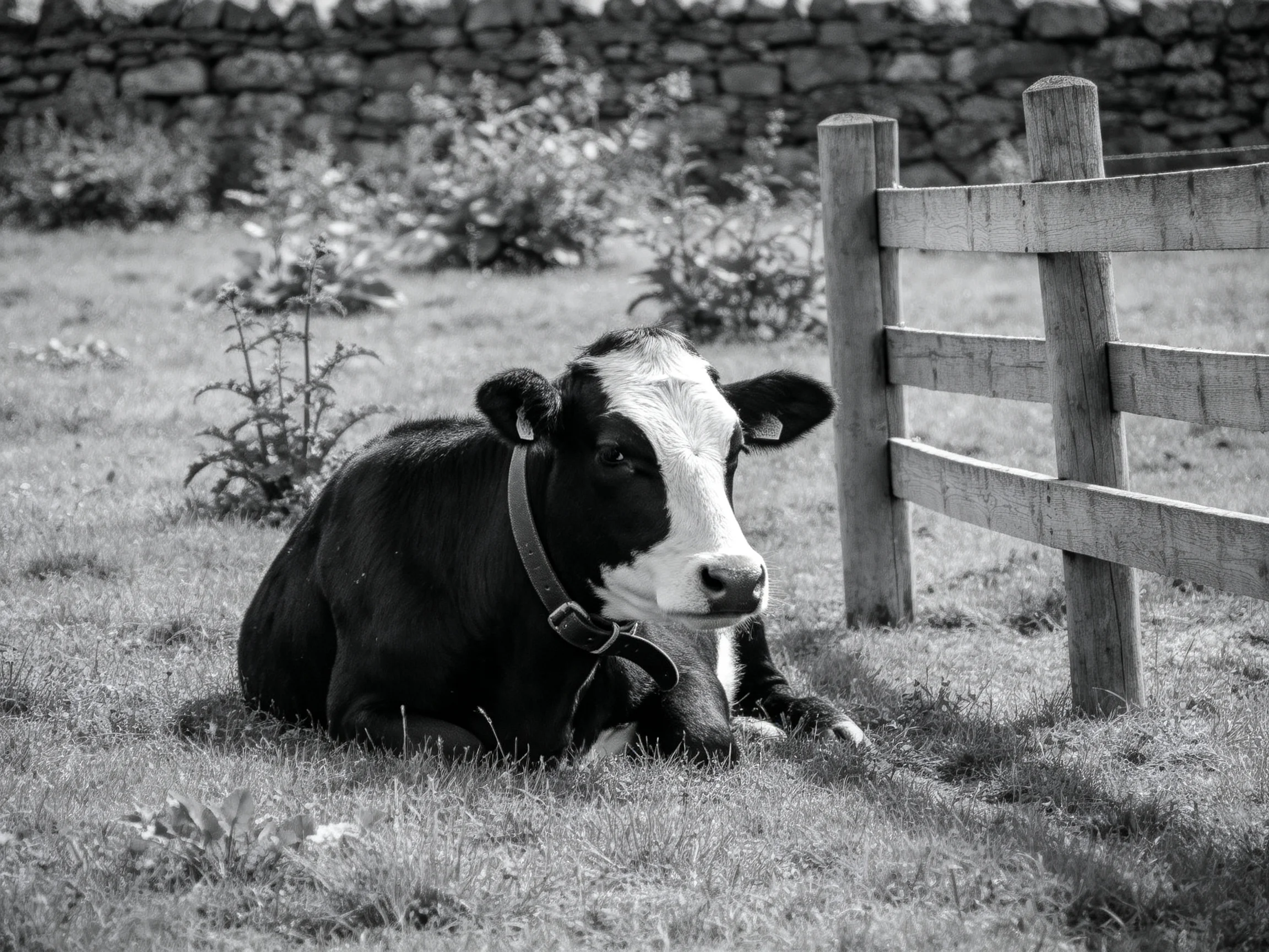 A black and white cow rests on grass beside a wooden fence.