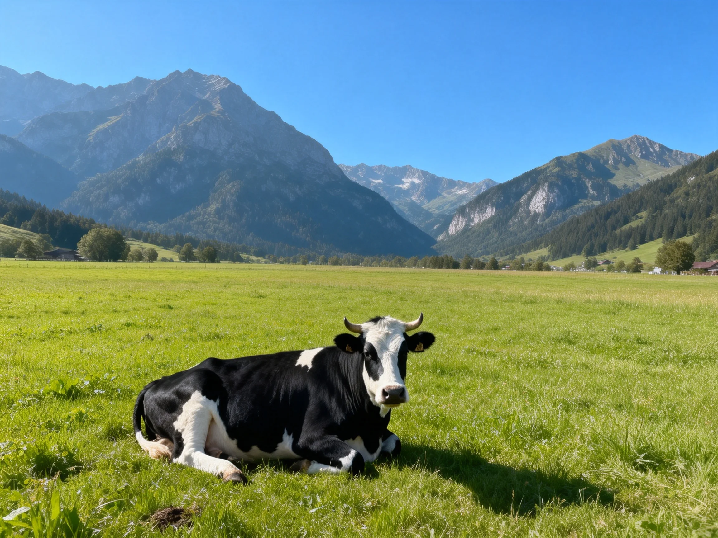 A black and white cow rests in a lush green meadow near towering mountains