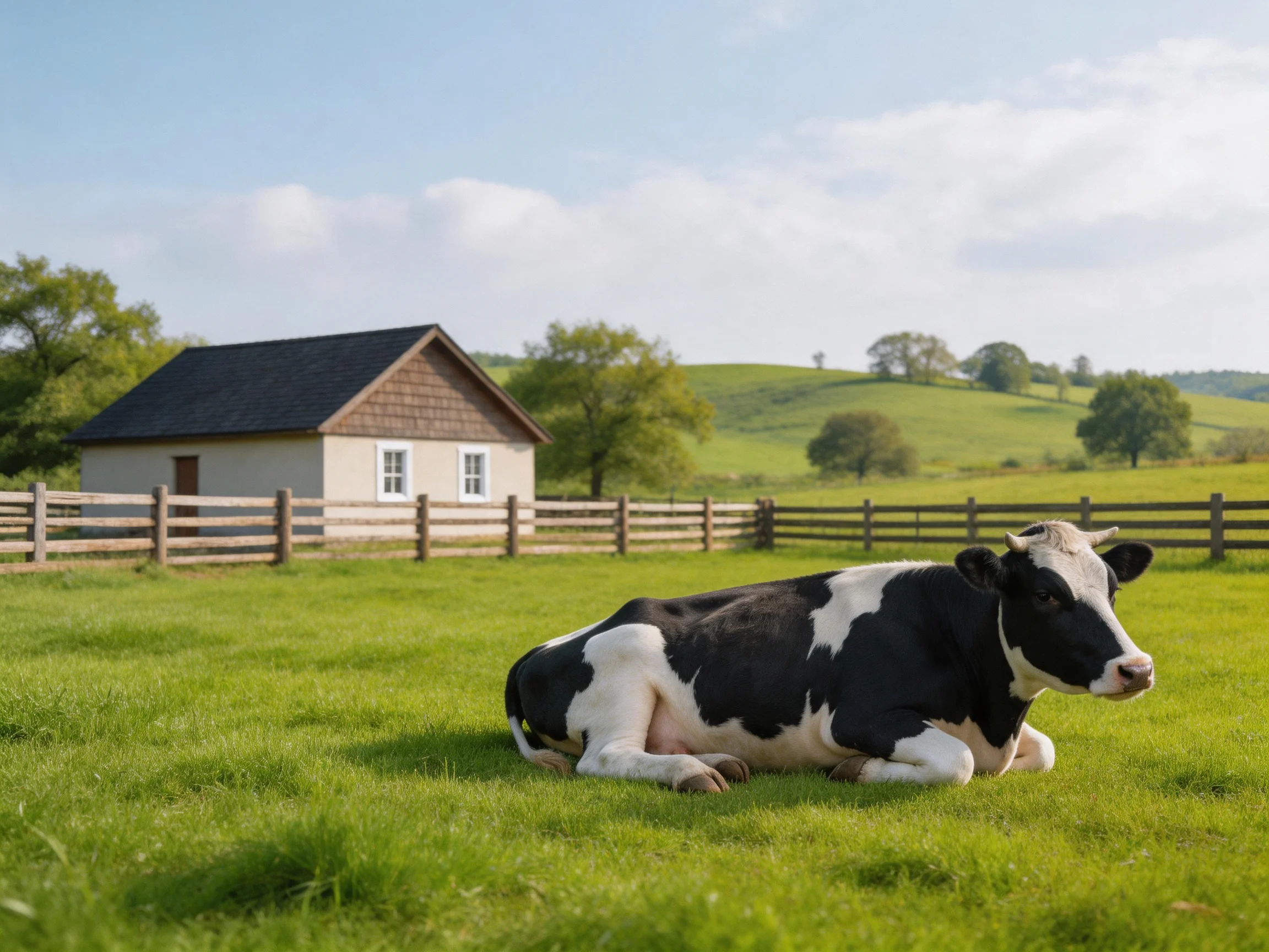 A black-and-white cow relaxes in a sunlit green pasture near a farm structure