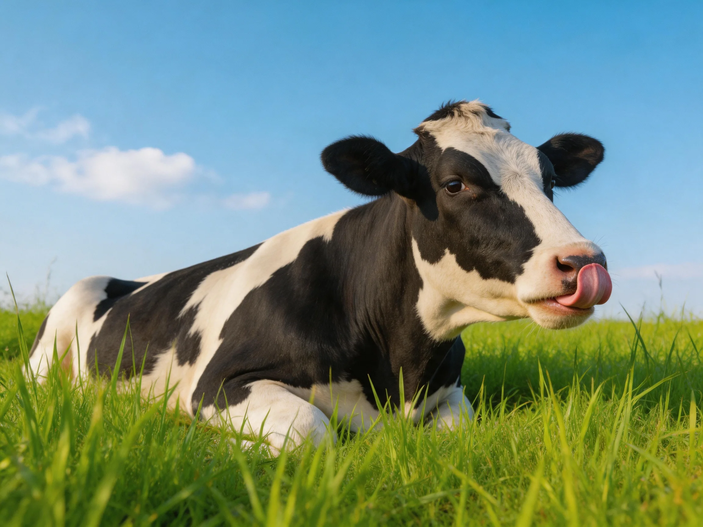 A black and white cow relaxes in tall green grass beneath a blue sky