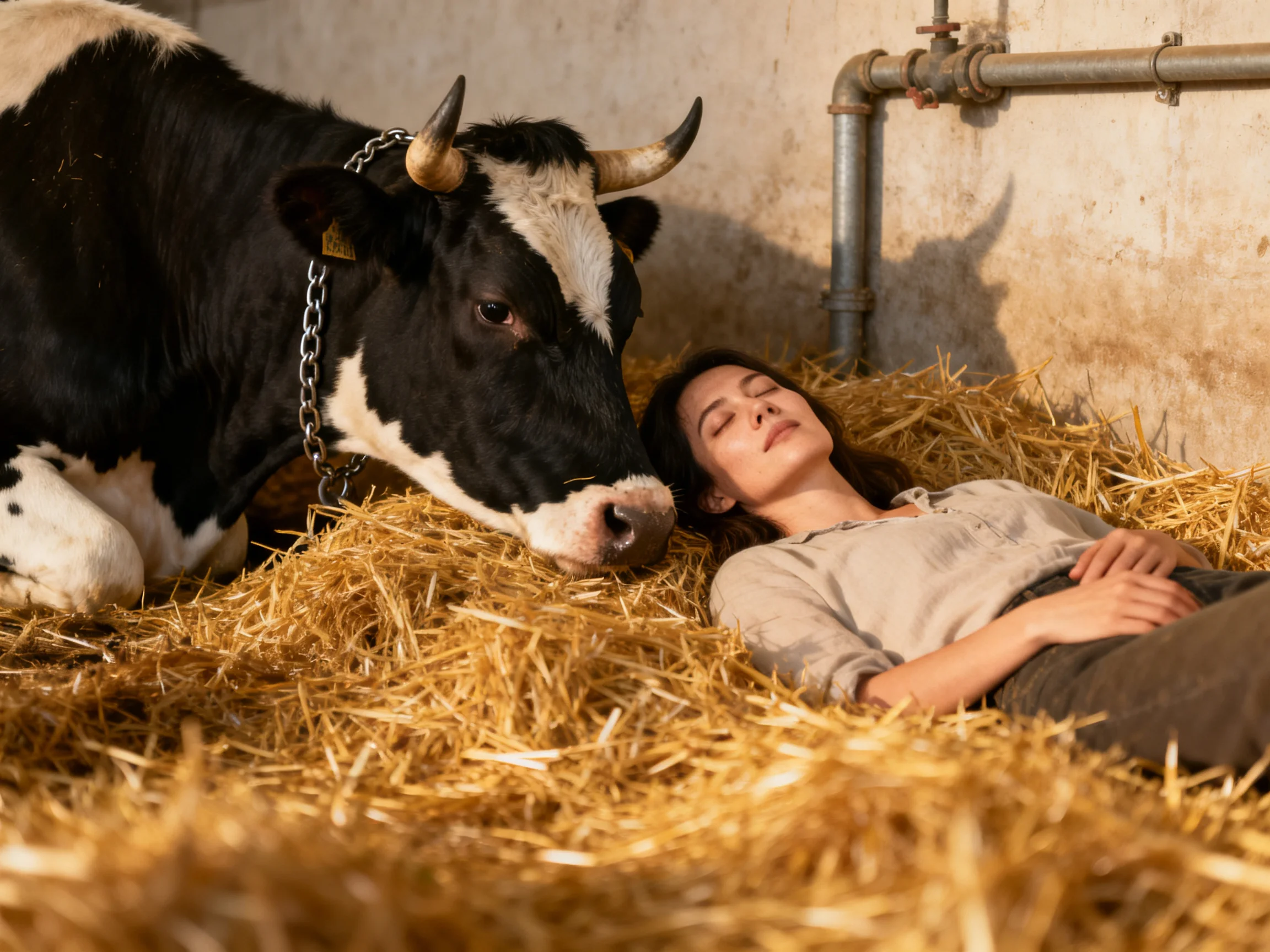 A black and white cow rests near a woman on golden straw in a barn