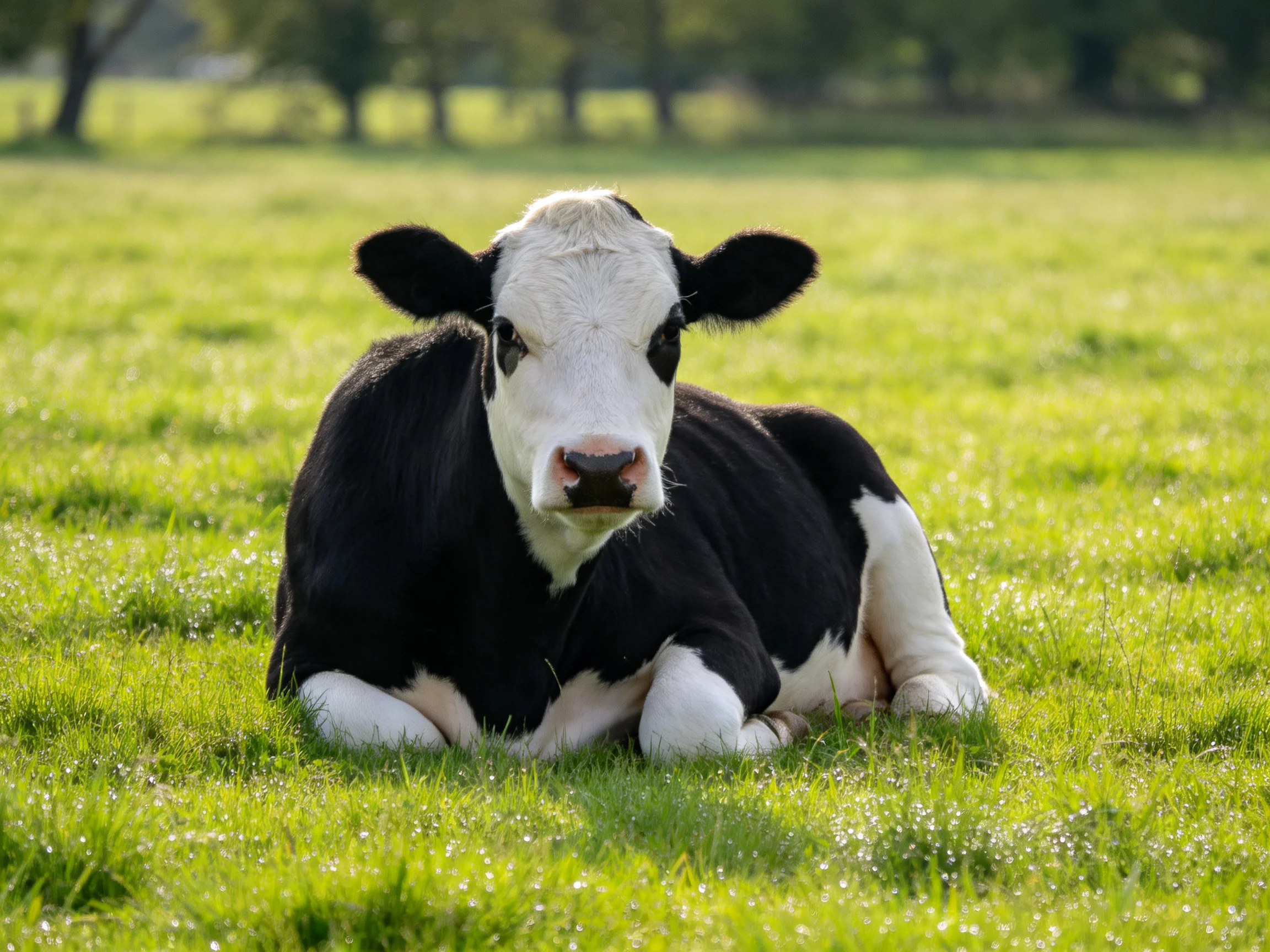 A black and white cow rests on vibrant green grass near trees