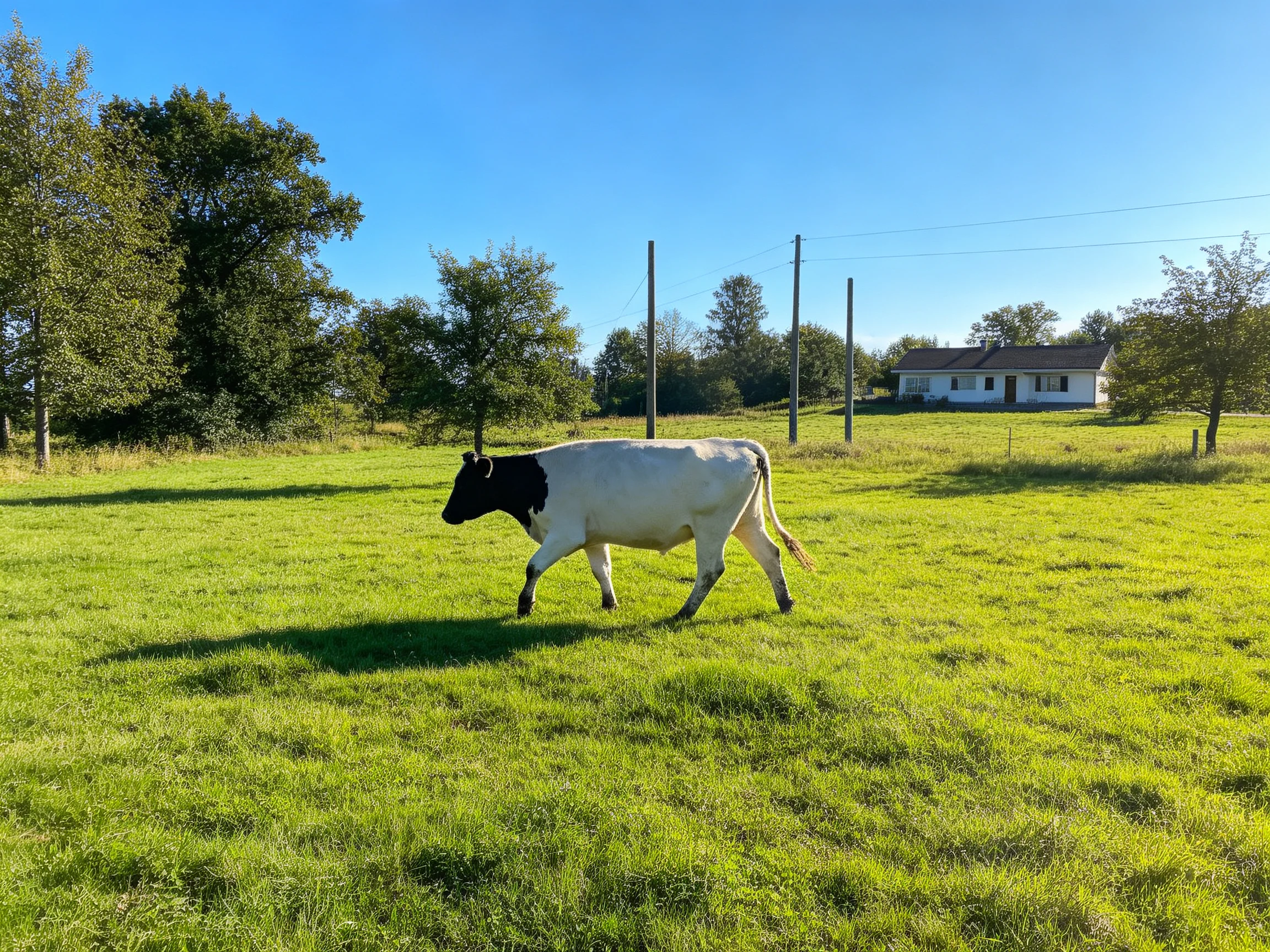 A black-and-white cow roams a lush green pasture near a white farmhouse