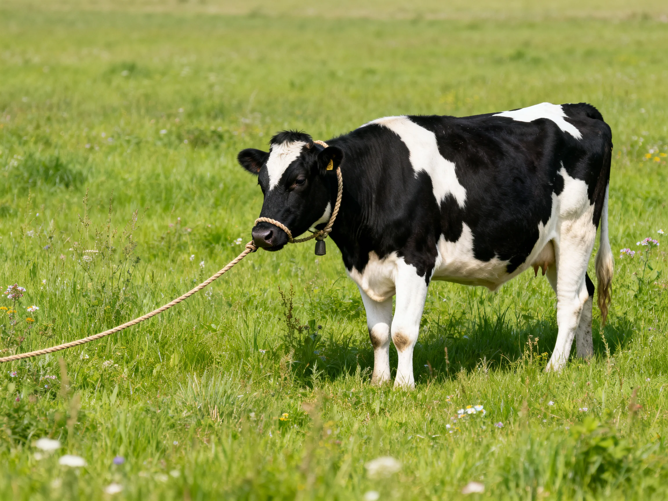 A black and white cow is tethered by a rope in a grassy field.