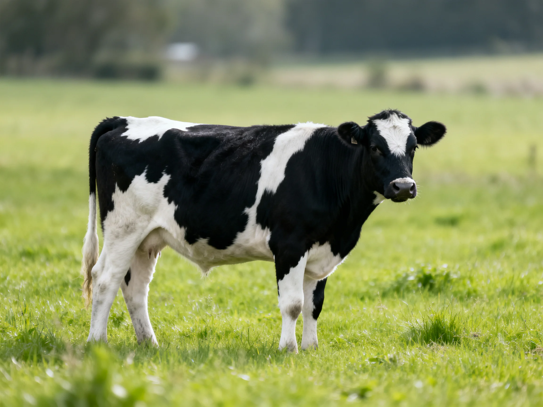 A black and white cow standing in a green pasture