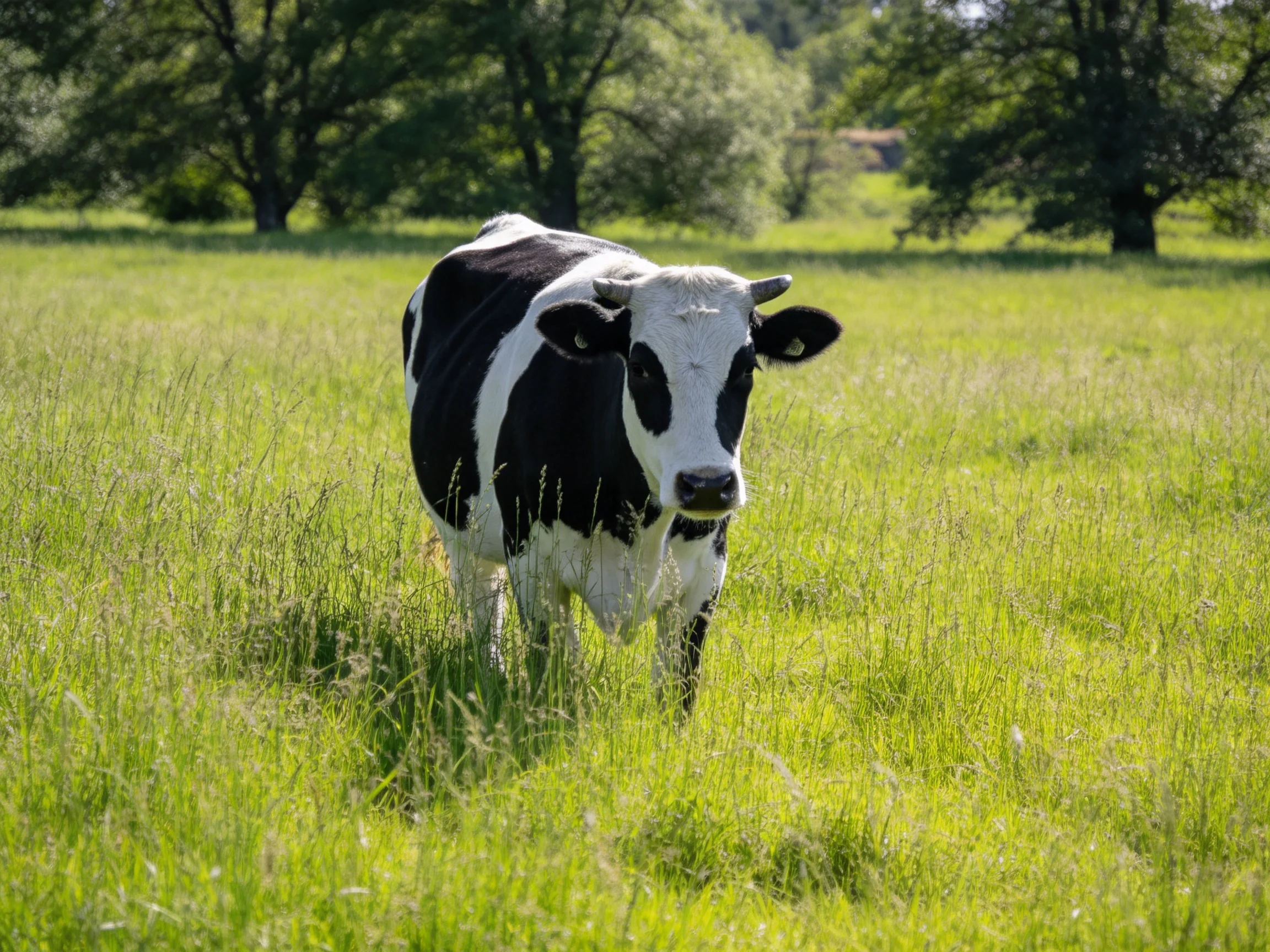 A black and white cow standing in a lush green meadow