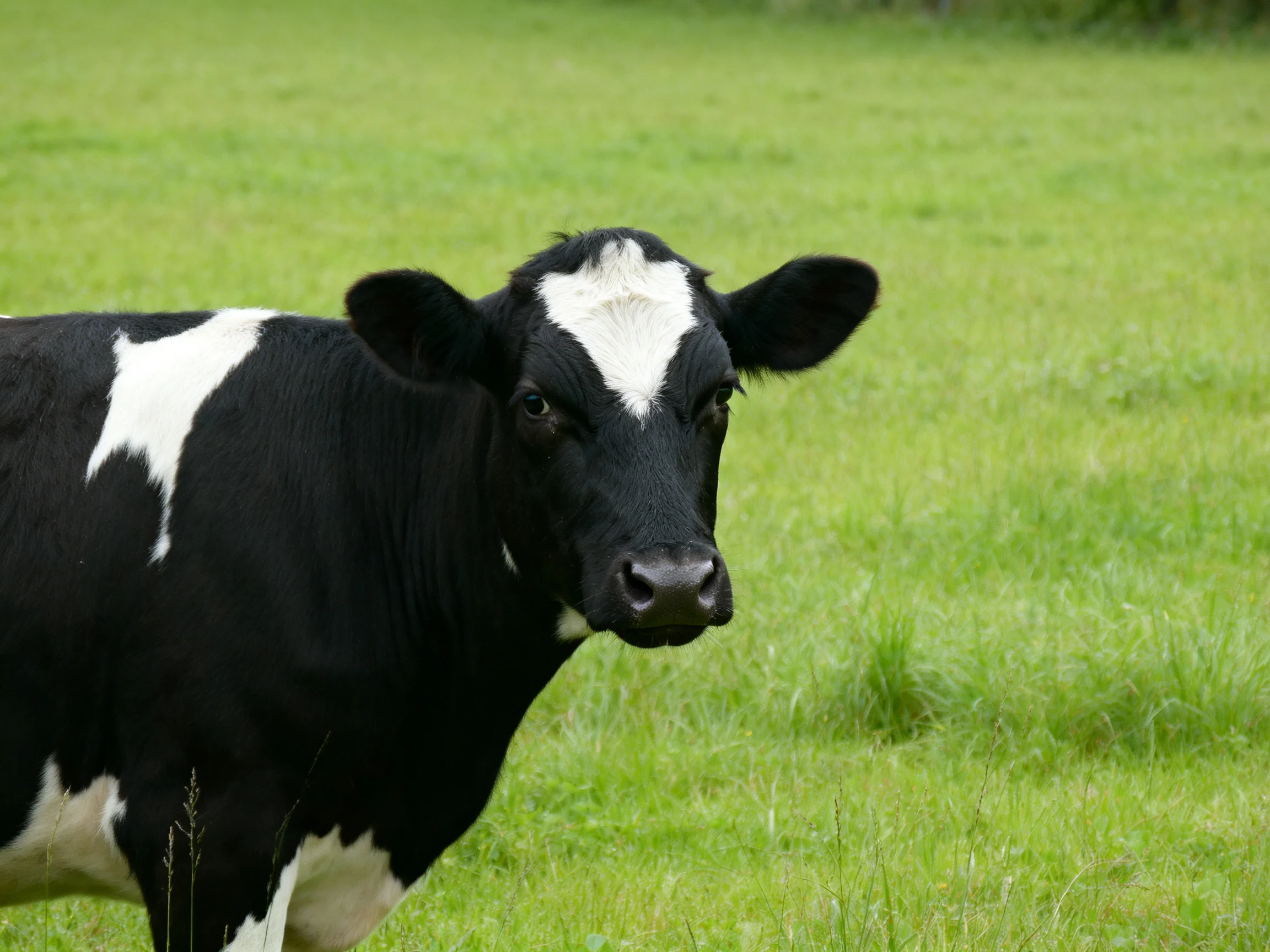 A black and white cow standing in a lush green pasture