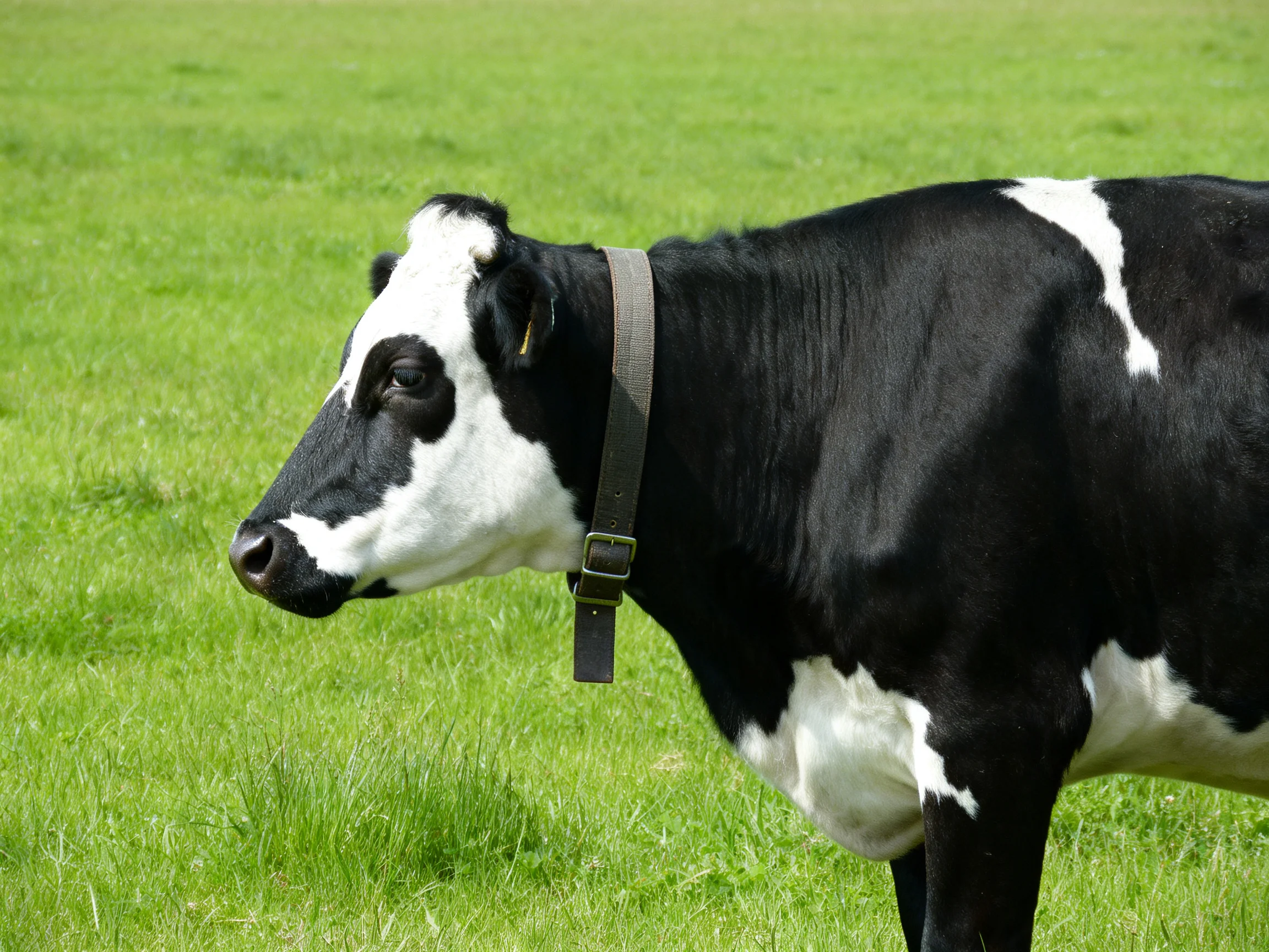 A black and white cow standing in a lush green pasture with a collar