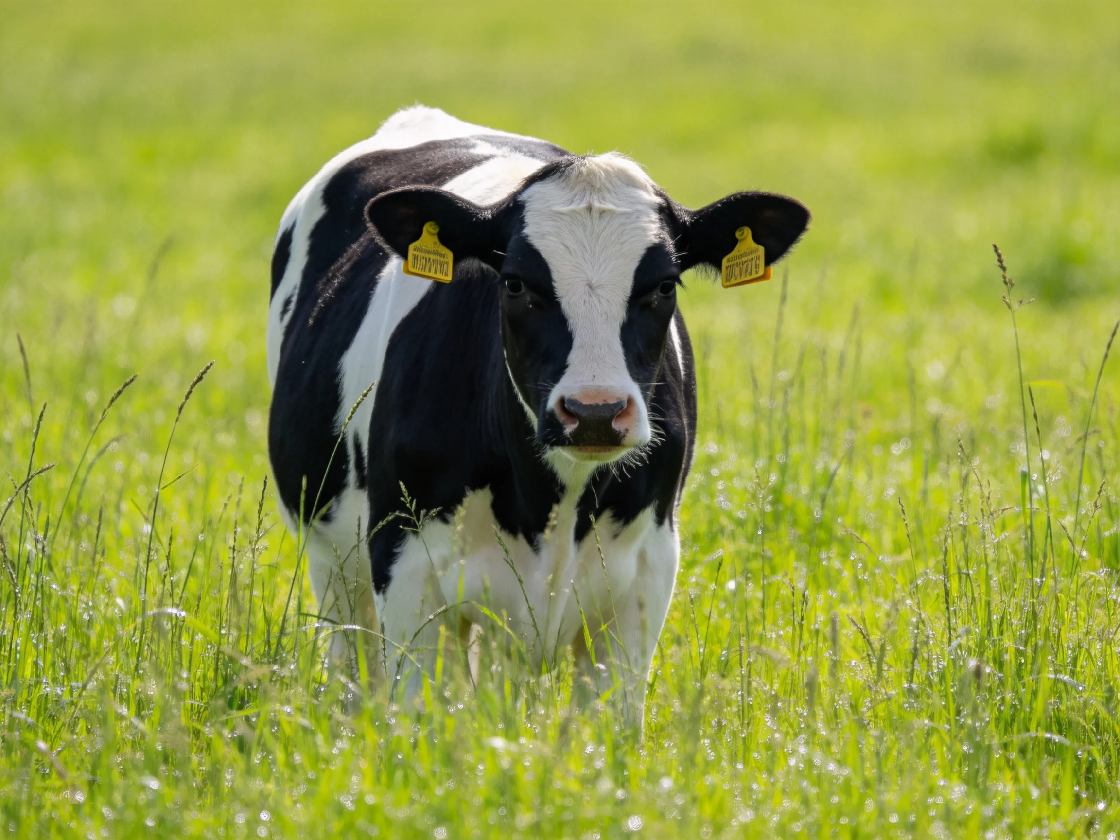 A black and white cow standing in a lush green pasture