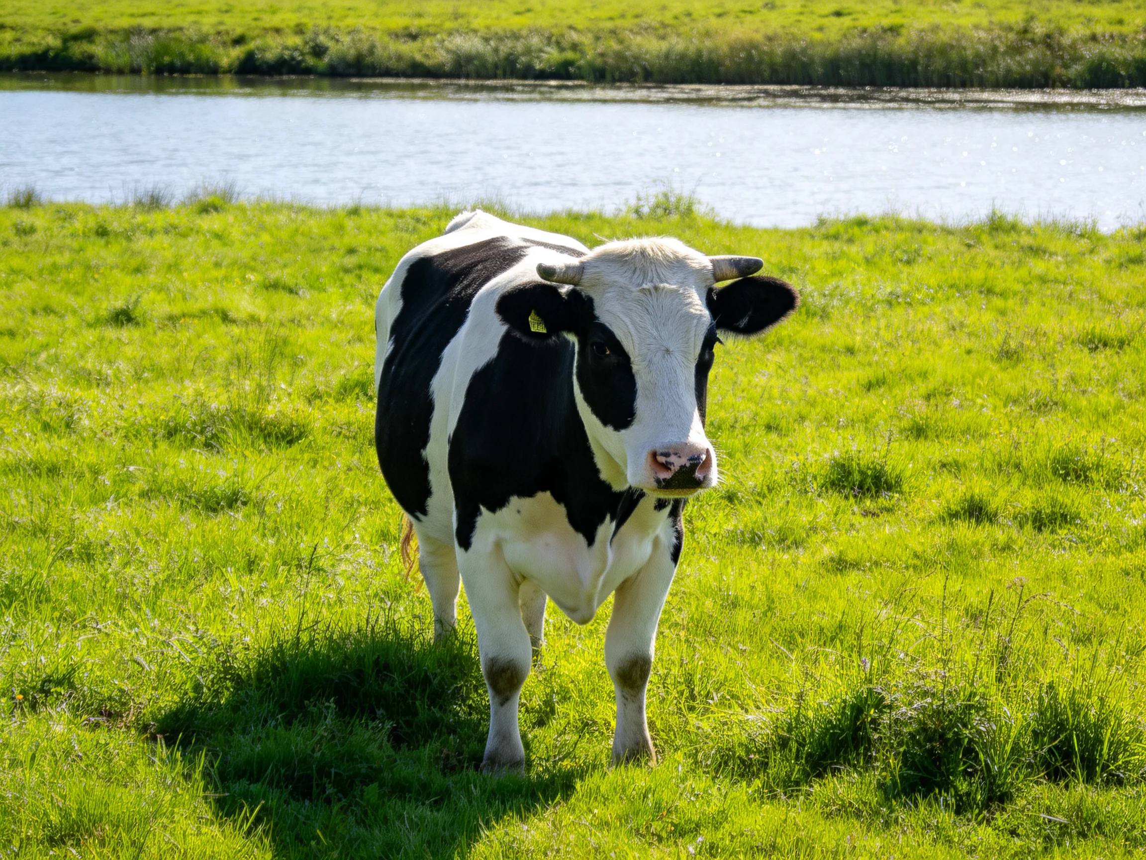 A black and white cow standing on lush green grass by a calm river