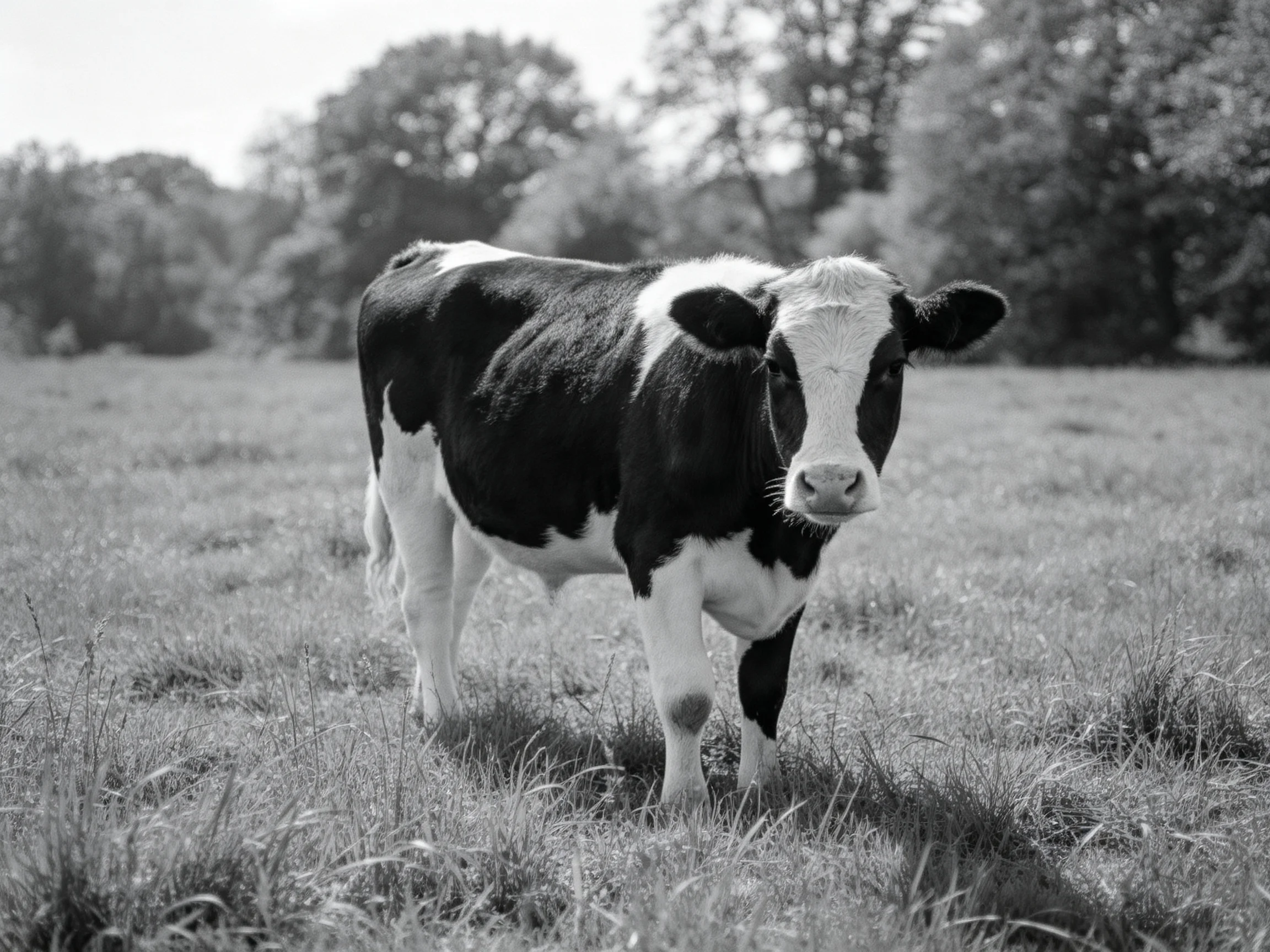 A black and white cow stands alone in a spacious grassy field