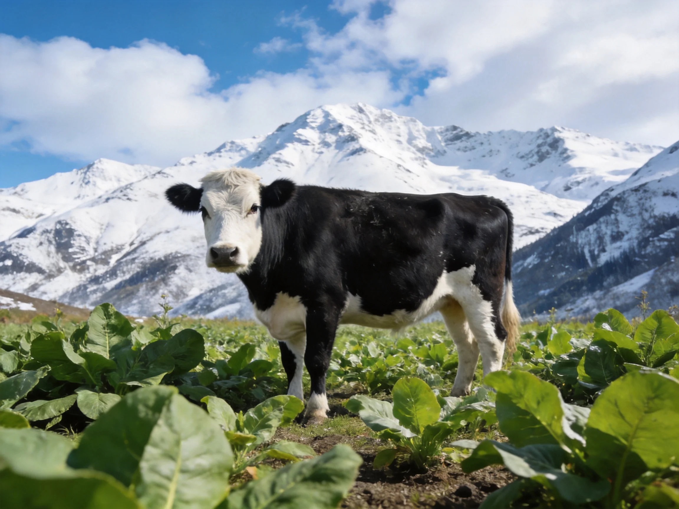 A black and white cow stands among lush greenery near snow - capped mountains