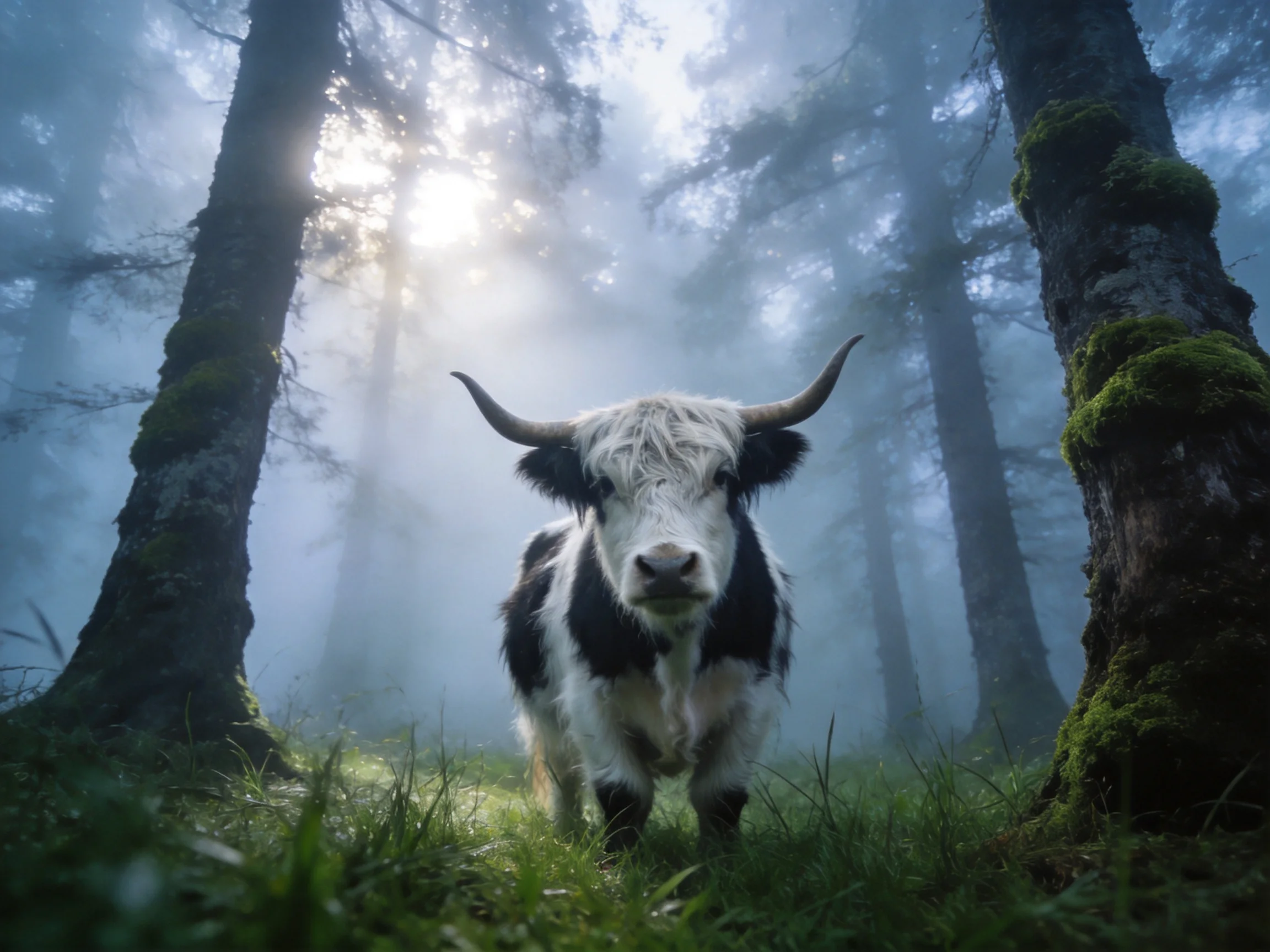 A black-and-white cow stands among tall moss-covered trees in a misty forest